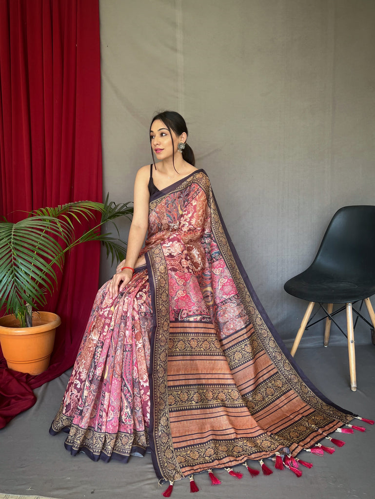 Women's Pink Brown Ajrakh Carpet Silk Cotton Printed Saree