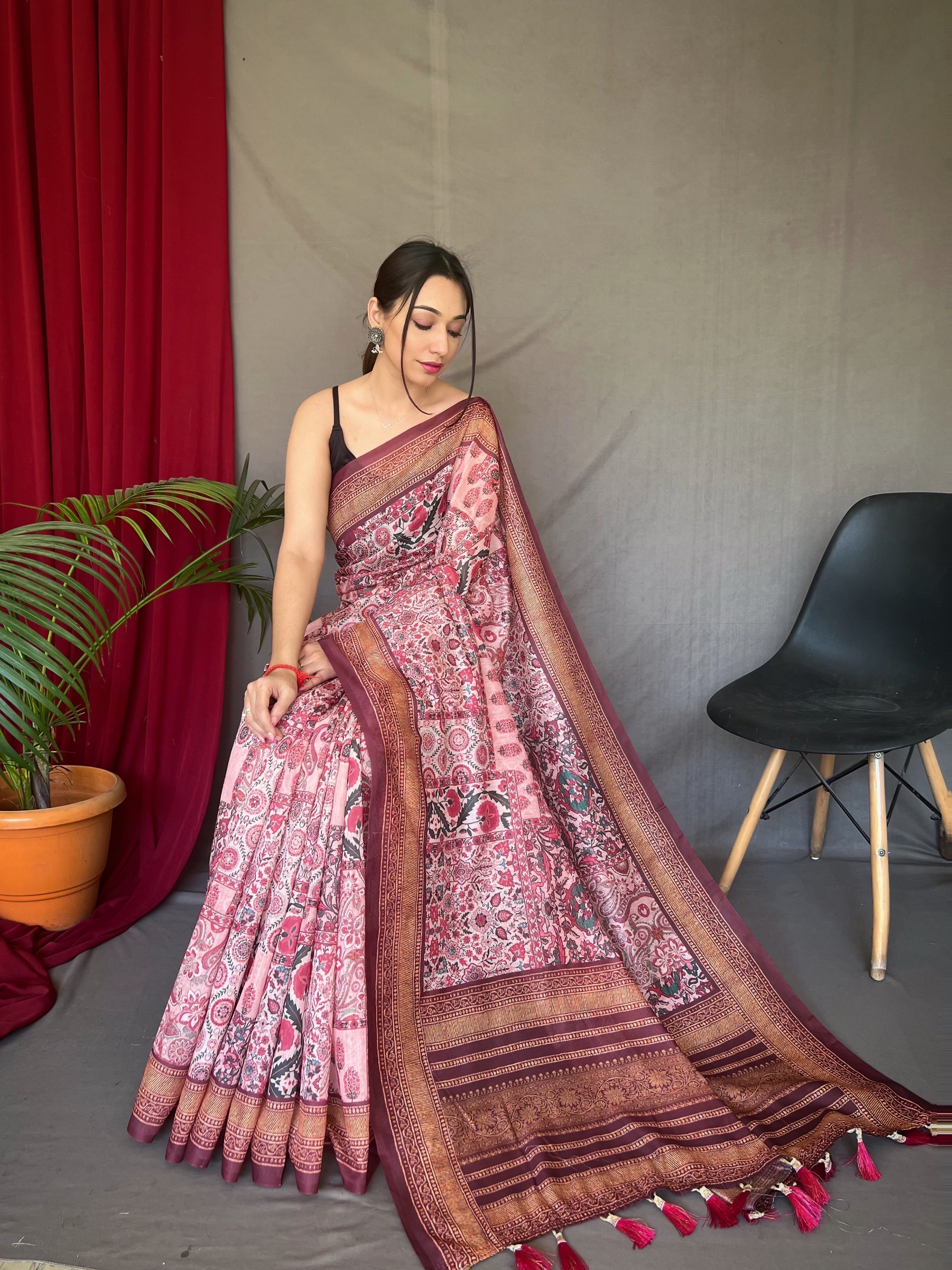 Women's Pink Brown Ajrakh Carpet Silk Cotton Printed Saree