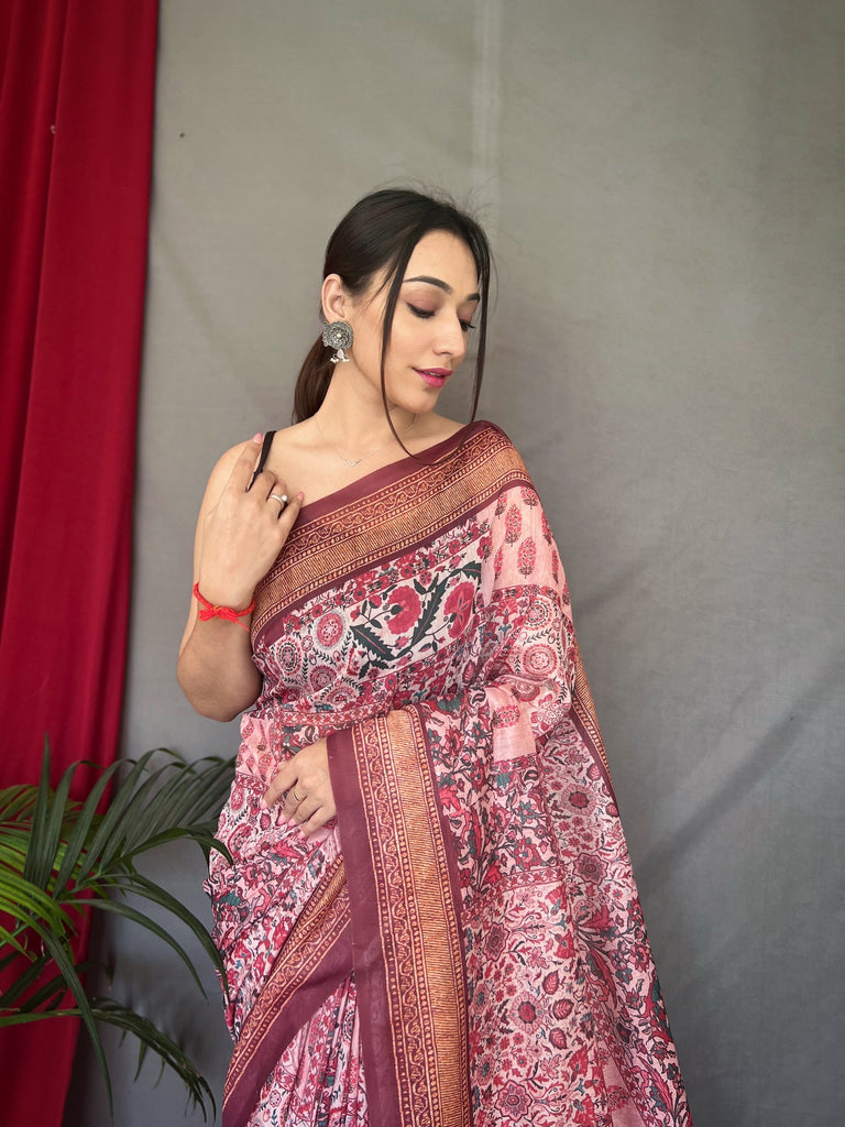 Women's Pink Brown Ajrakh Carpet Silk Cotton Printed Saree
