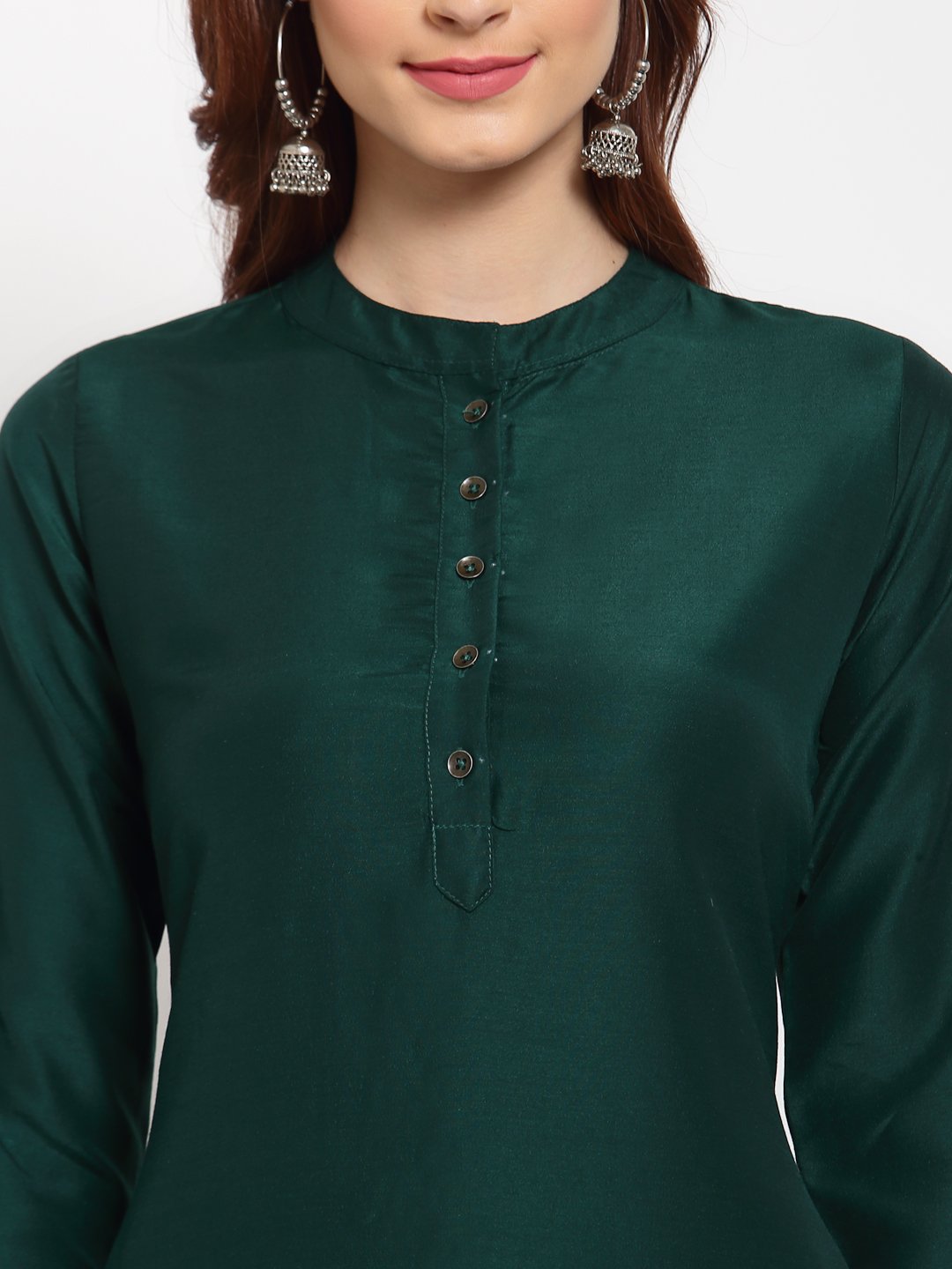 Women's Green Solid Cotton 3/4 Sleeve Mandarin Neck Casual Kurta Pant Dupatta Set - Myshka