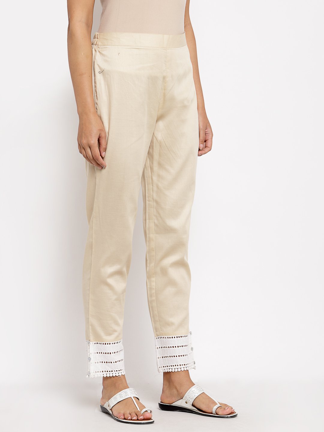 Women's Cream Cotton Solid Casual Trouser - Myshka