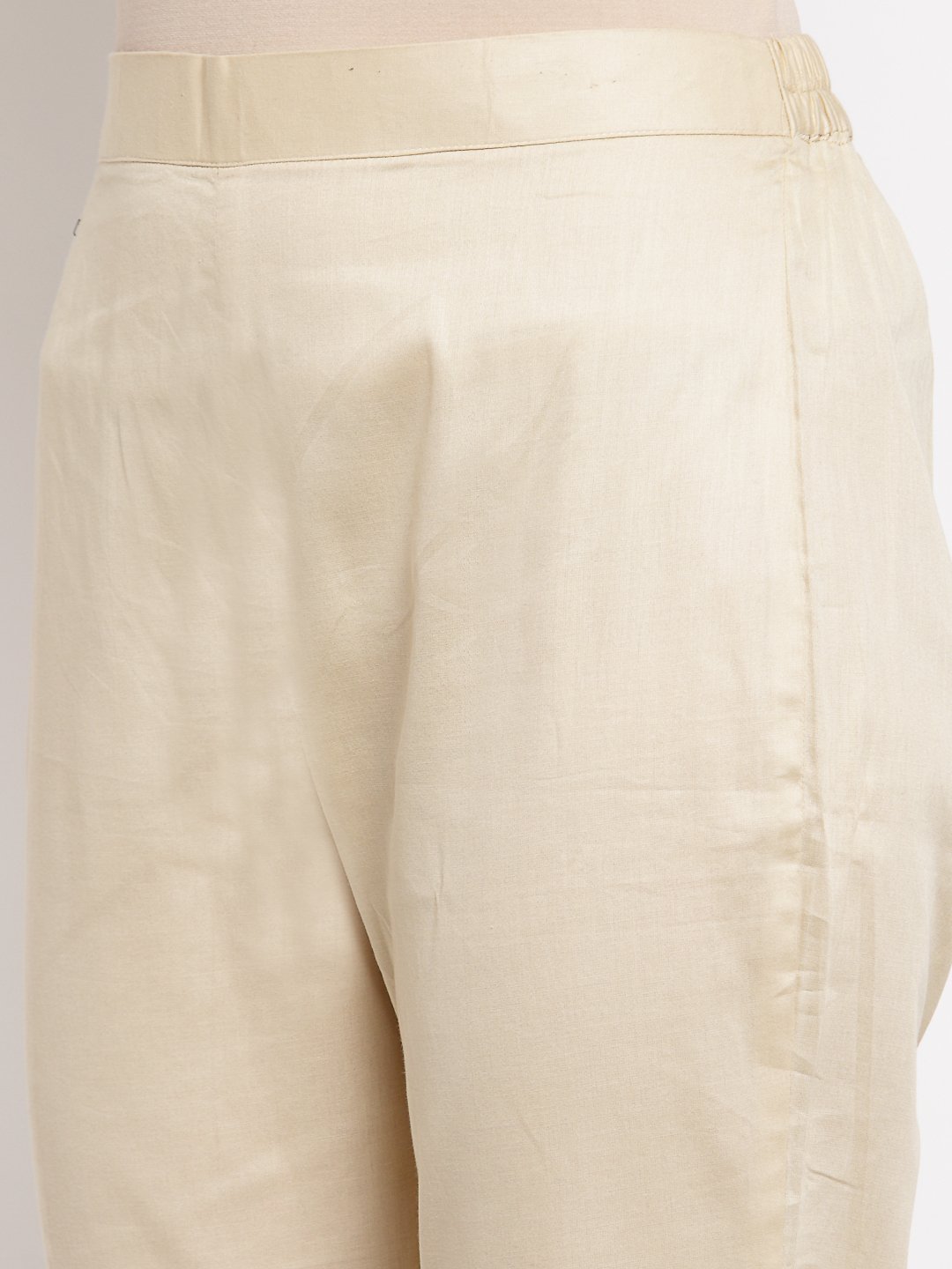 Women's Cream Cotton Solid Casual Trouser - Myshka