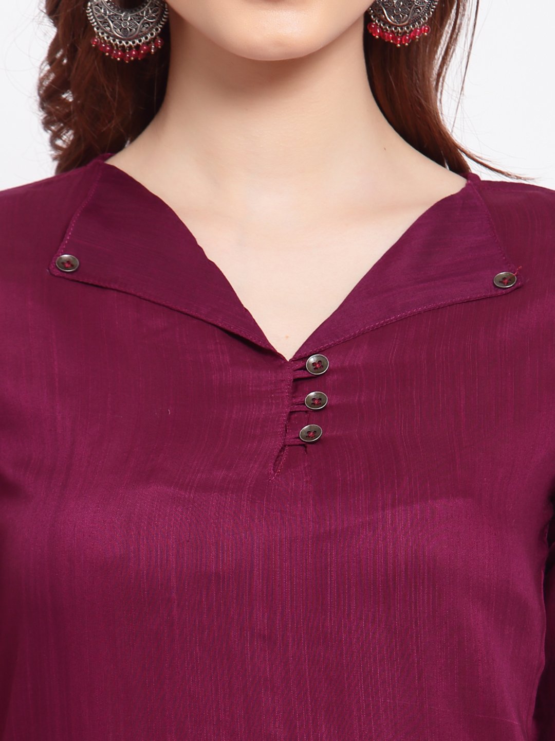 Women's Burgandy Solid Cotton Half Sleeve V Neck Casual Kurta Pant Dupatta Set - Myshka