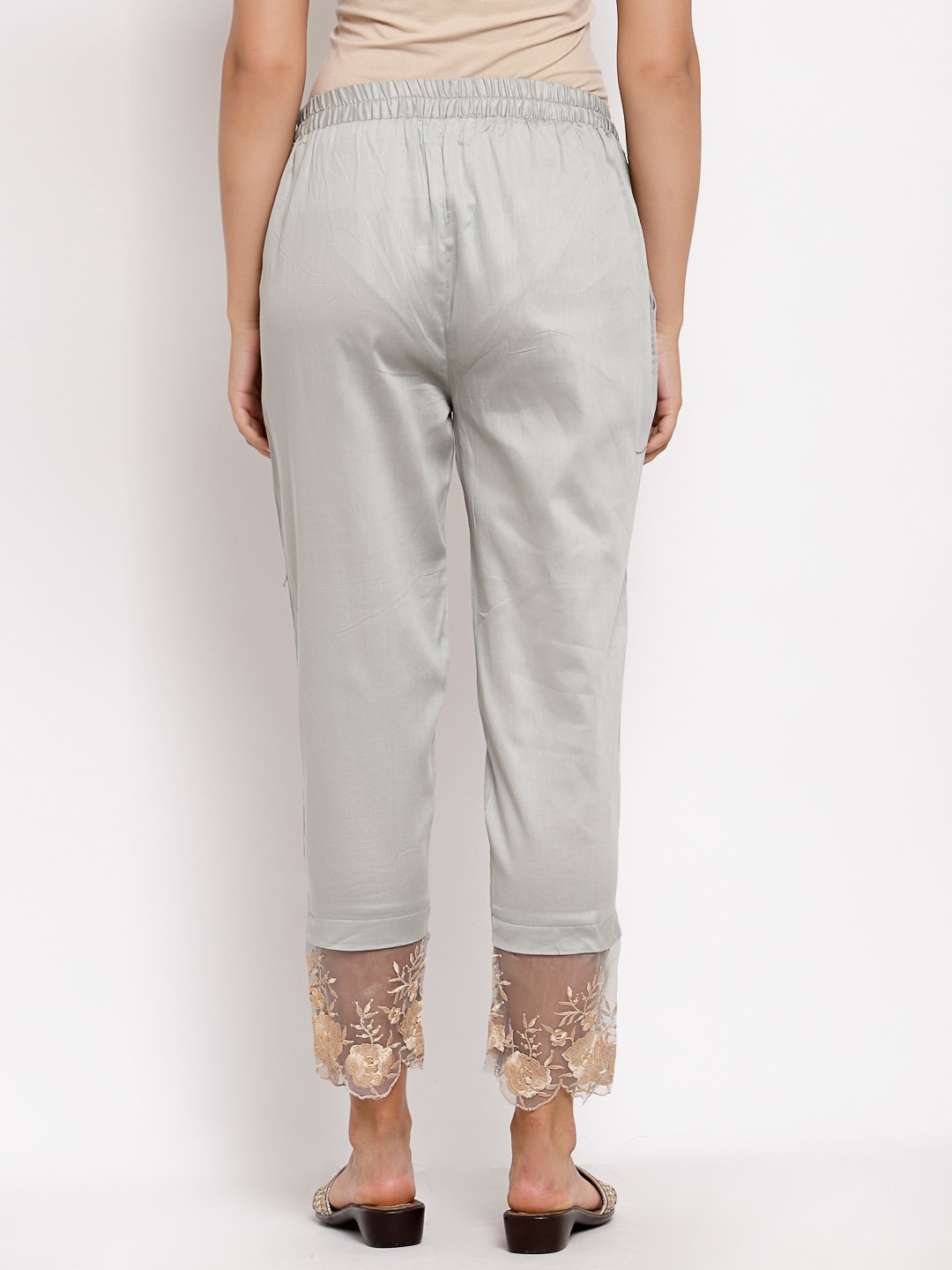 Women's Grey Cotton Solid Casual Trouser - Myshka