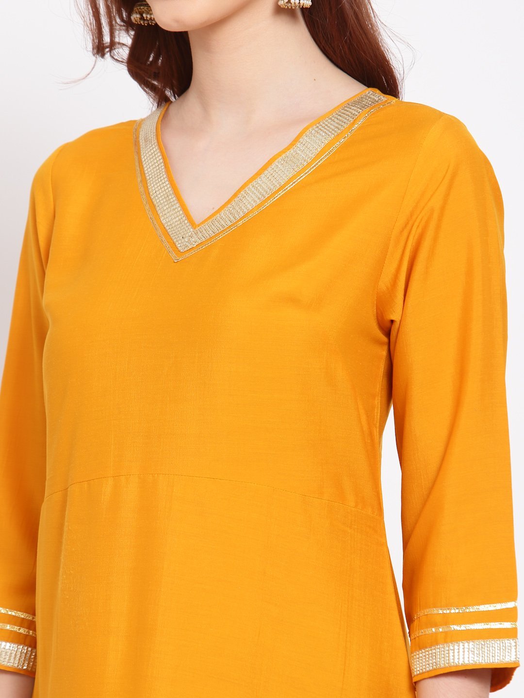 Women's Yellow Printed Silk Blend 3/4 Sleeve V Neck Casual Kurta Dupatta Set - Myshka