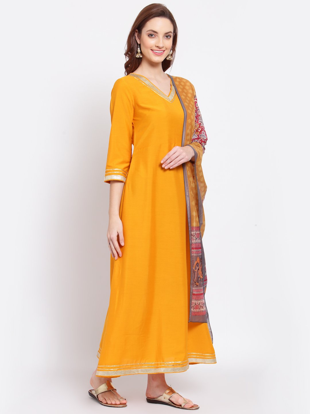 Women's Yellow Printed Silk Blend 3/4 Sleeve V Neck Casual Kurta Dupatta Set - Myshka
