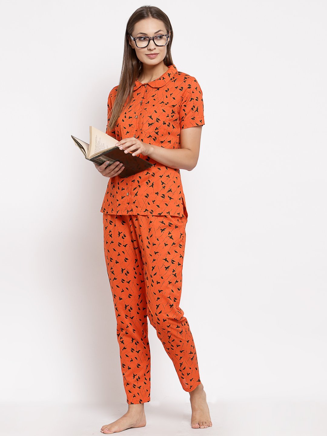 Women Orange Cotton Printed Night suit by Myshka (2 Pc Set)