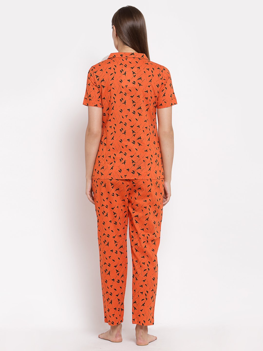 Women Orange Cotton Printed Night suit by Myshka (2 Pc Set)