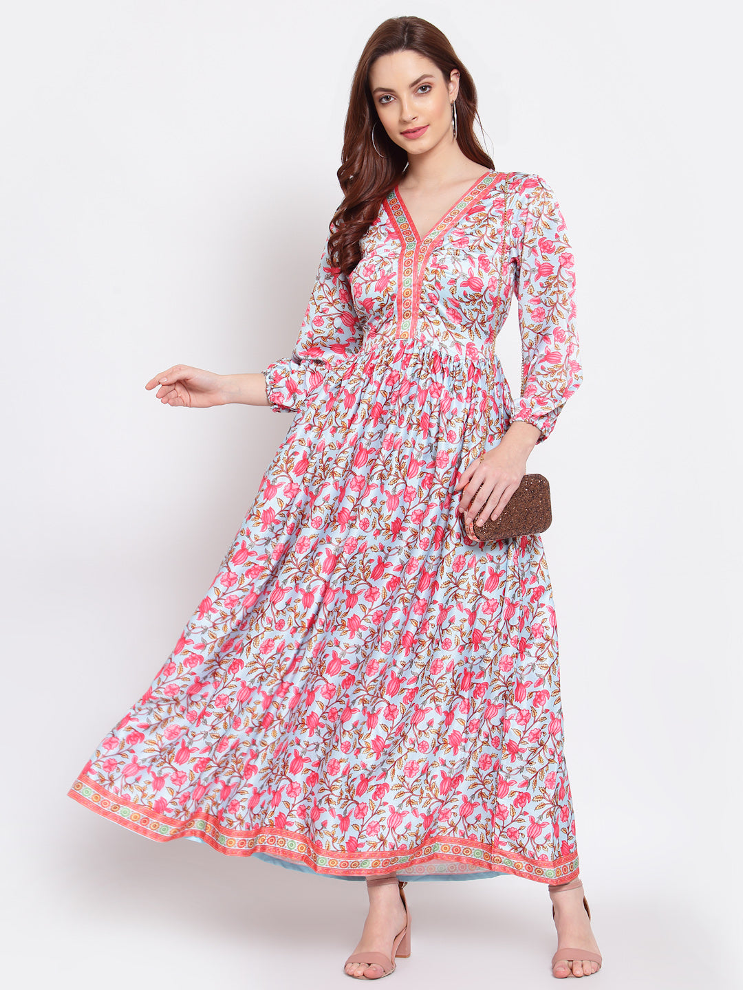 Women's Multi Printed Cotton Blend 3/4 Sleeve V Neck Casual Dress - Myshka