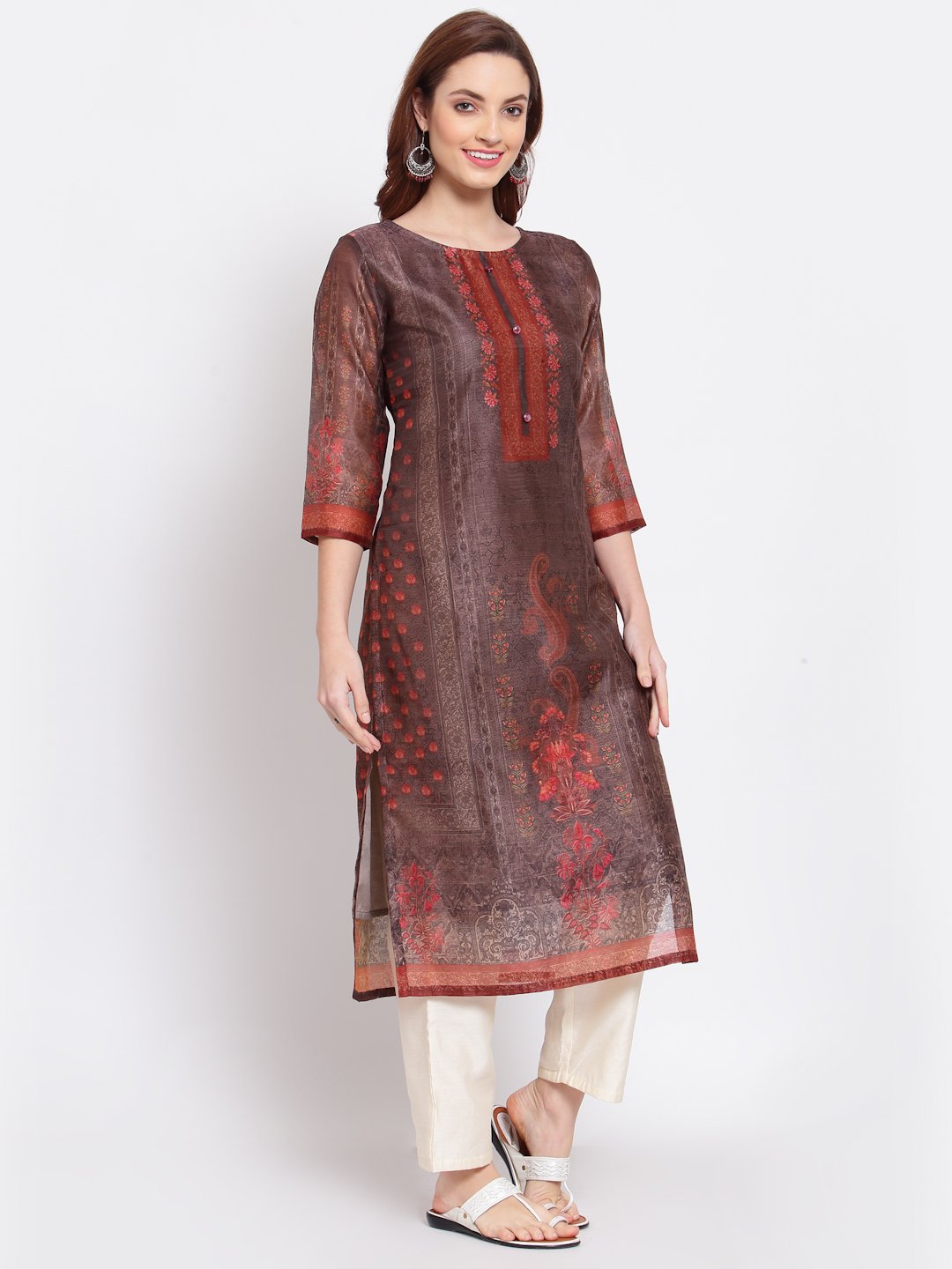 Women's Multi Printed Chanderi Silk 3/4 Sleeve Round Neck Casual Kurta - Myshka