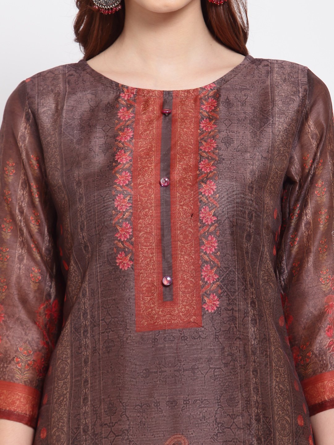 Women's Multi Printed Chanderi Silk 3/4 Sleeve Round Neck Casual Kurta - Myshka