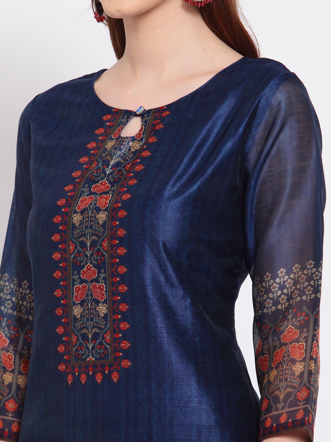 Women's Navy Blue Printed Chanderi Silk 3/4 Sleeve Round Neck Casual Kurta - Myshka