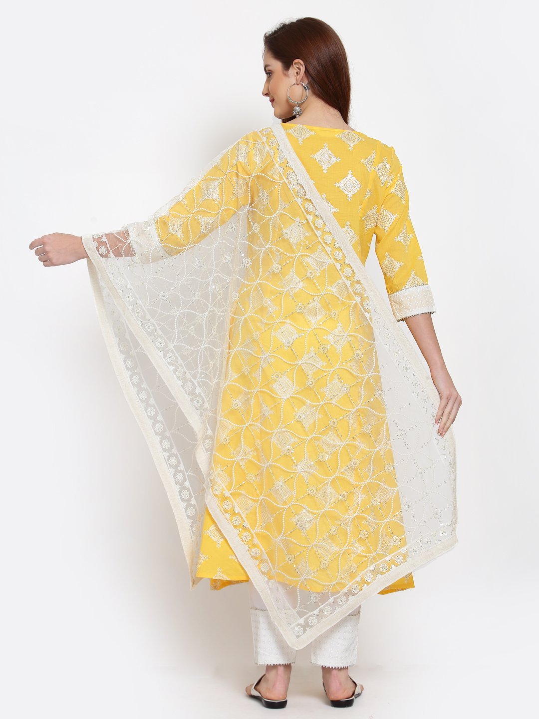 Women's Yellow Printed Cotton 3/4 Sleeve Round Neck Casual Kurta Pant Dupatta Set - Myshka