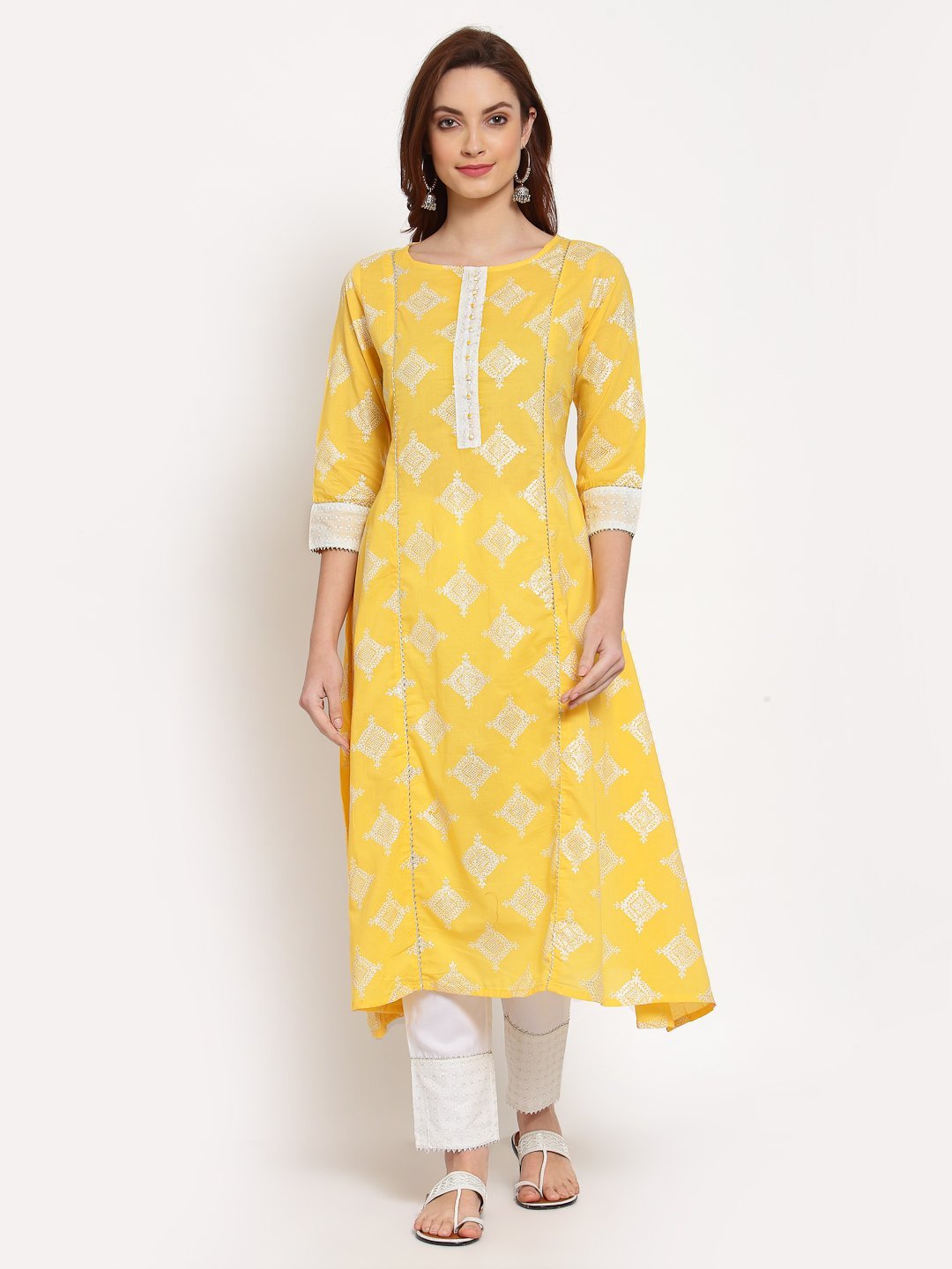 Women's Yellow Printed Cotton 3/4 Sleeve Round Neck Casual Kurta Pant Dupatta Set - Myshka