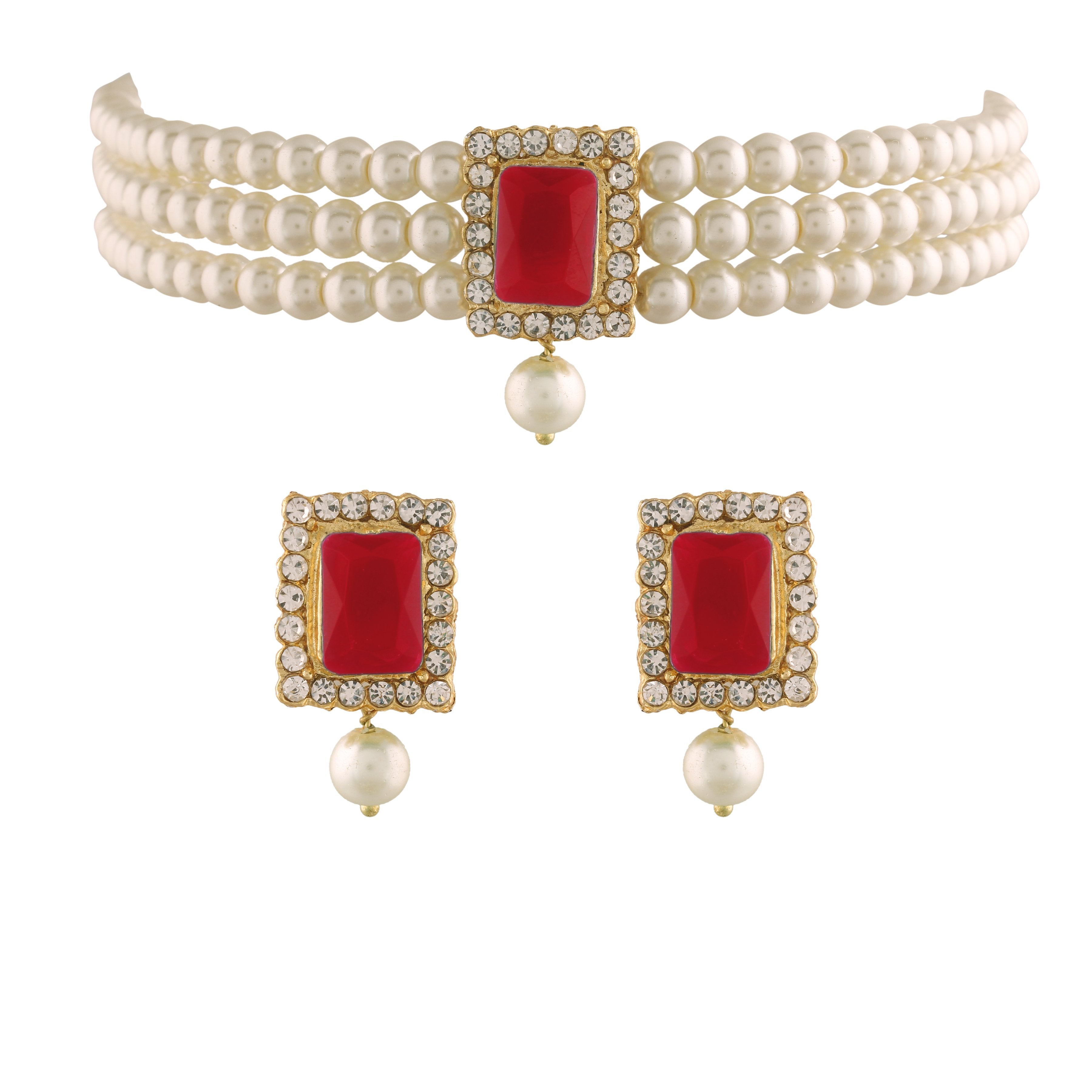 Women's  Gold Plated Traditional Handcrafted Red Stone Studded Pearl Choker Necklace Jewellery Set With Earrings  - i jewels