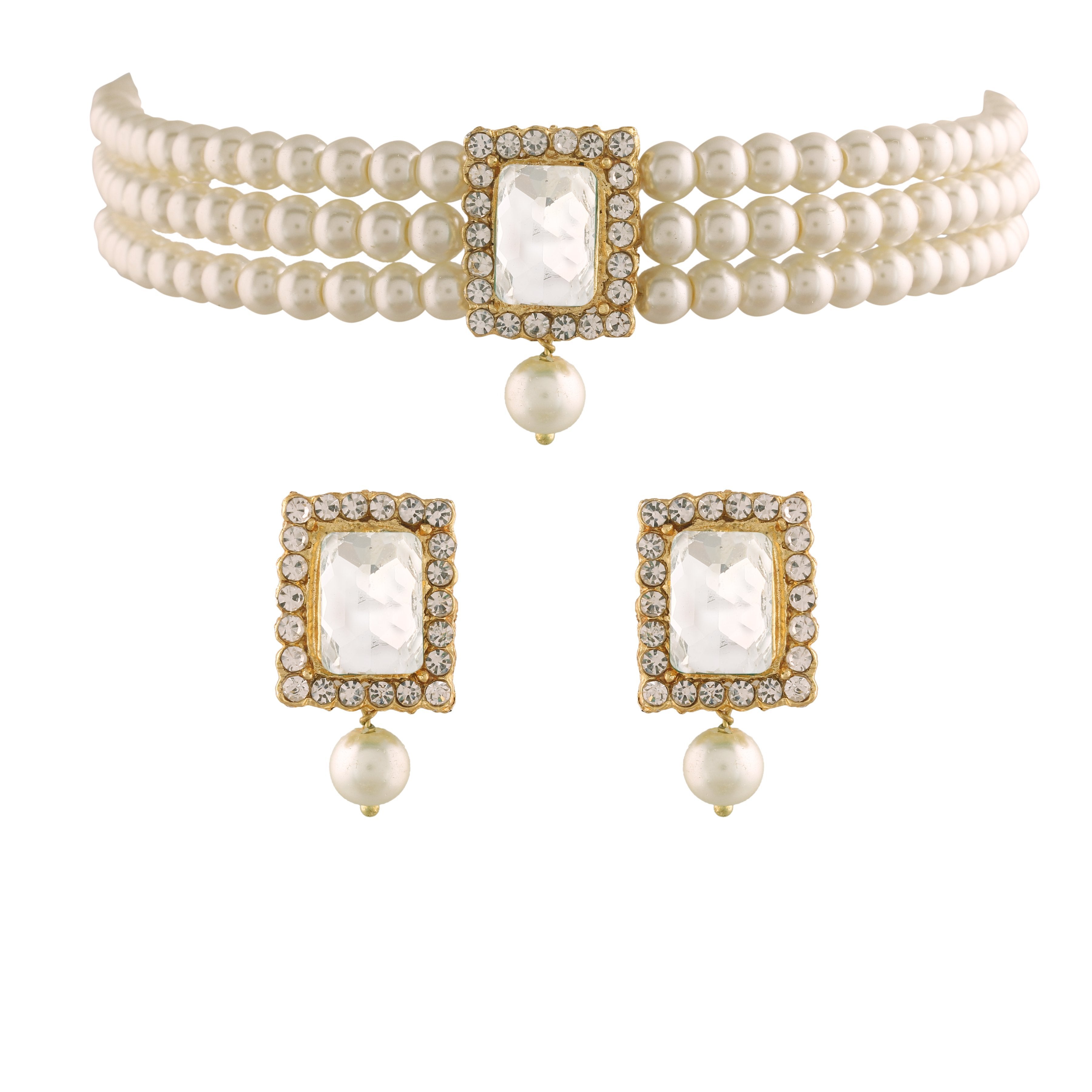 Women's  Gold Plated Traditional Handcrafted White Stone Studded Pearl Choker Necklace Jewellery Set With Earrings - i jewels