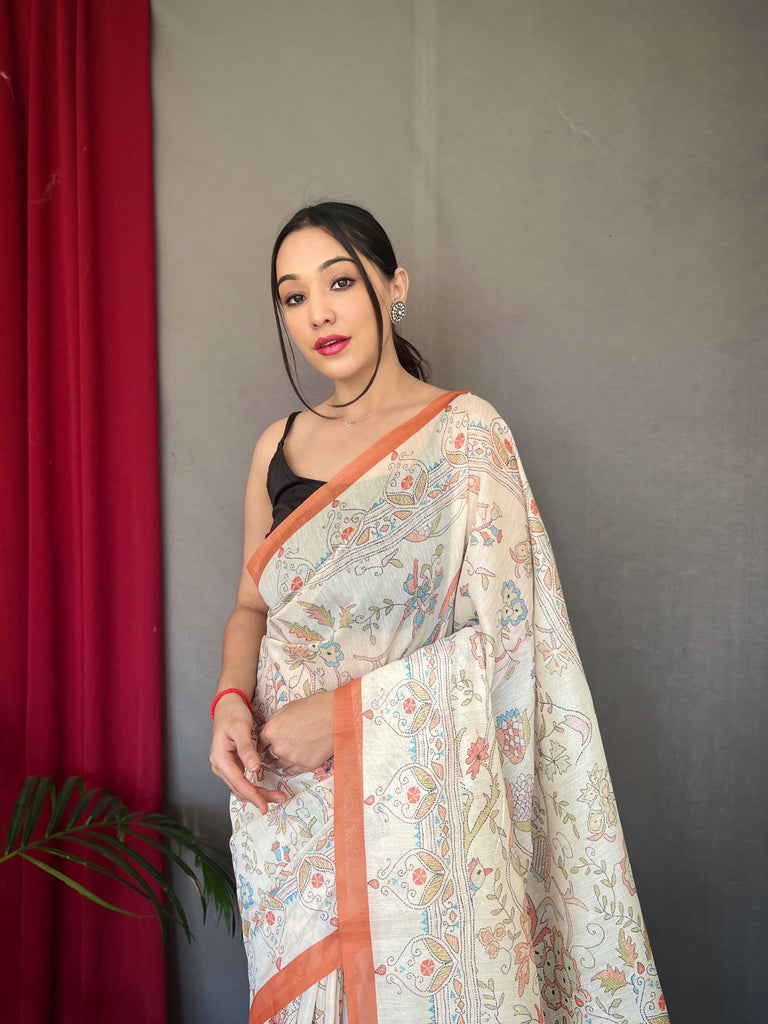 Women's Orange Cotton Katha Printed Saree