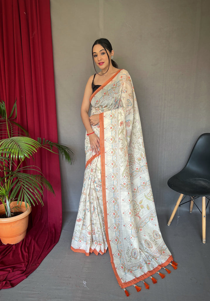 Women's Orange Cotton Katha Printed Saree