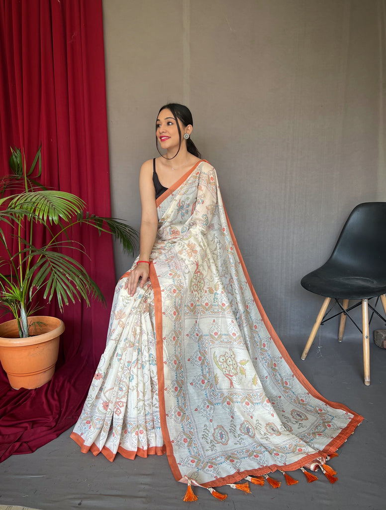 Women's Orange Cotton Katha Printed Saree