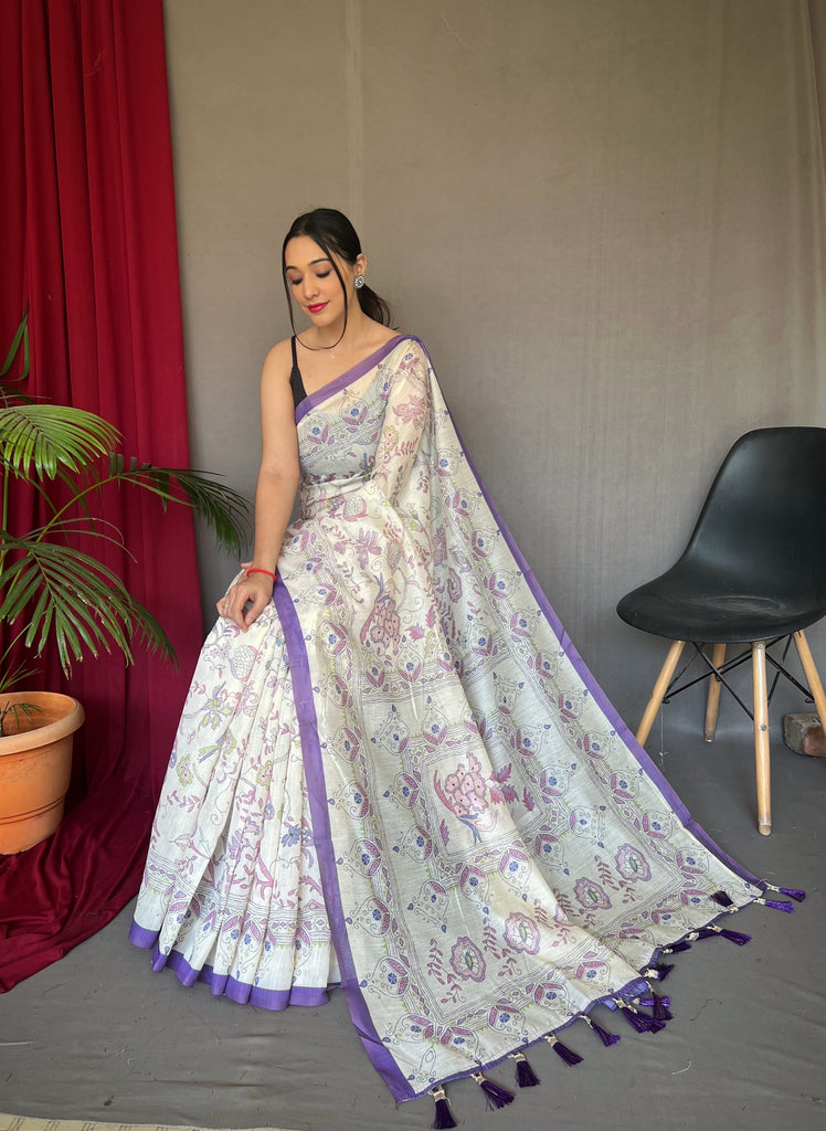 Women's Purple Cotton Katha Printed Saree