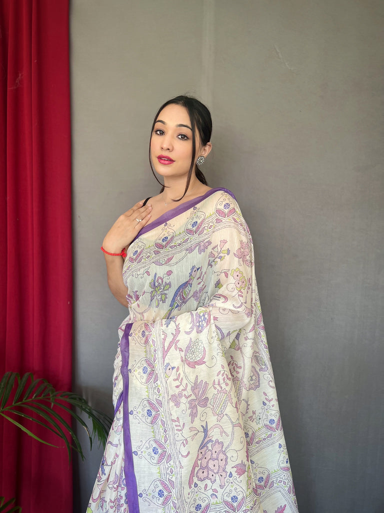 Women's Purple Cotton Katha Printed Saree