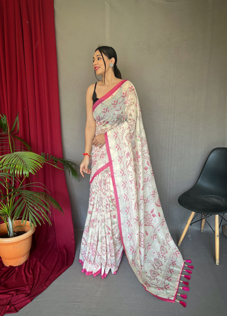 Women's Pink Cotton Katha Printed Saree
