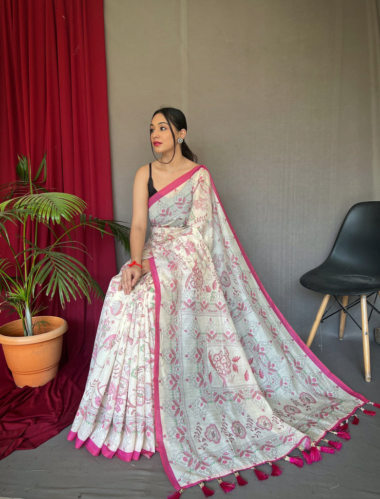 Women's Pink Cotton Katha Printed Saree