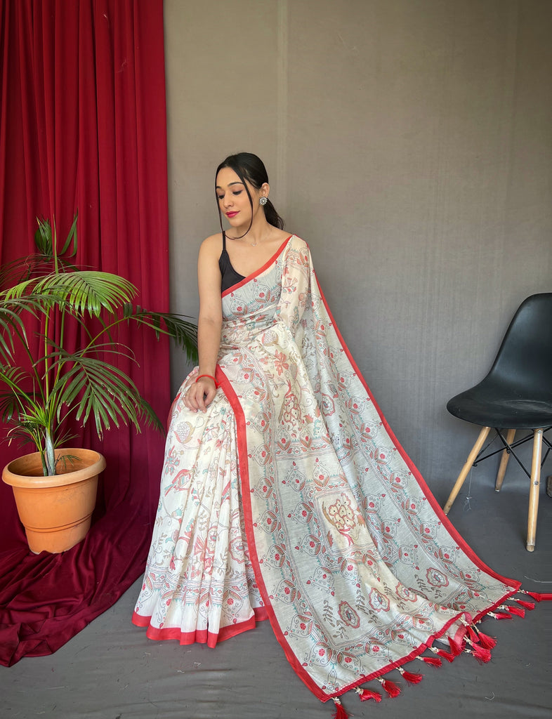 Women's Red Cotton Katha Printed Saree
