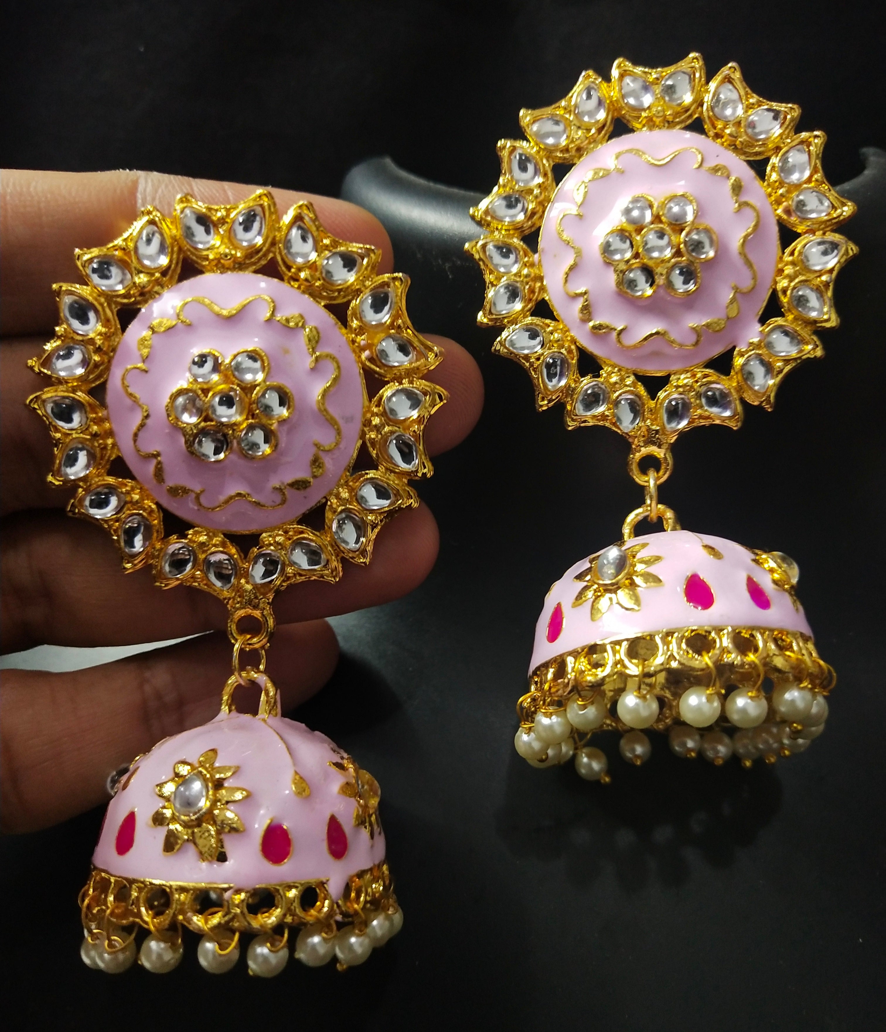 Pink color meenakari earrings - Jaipur Mart - 4258899