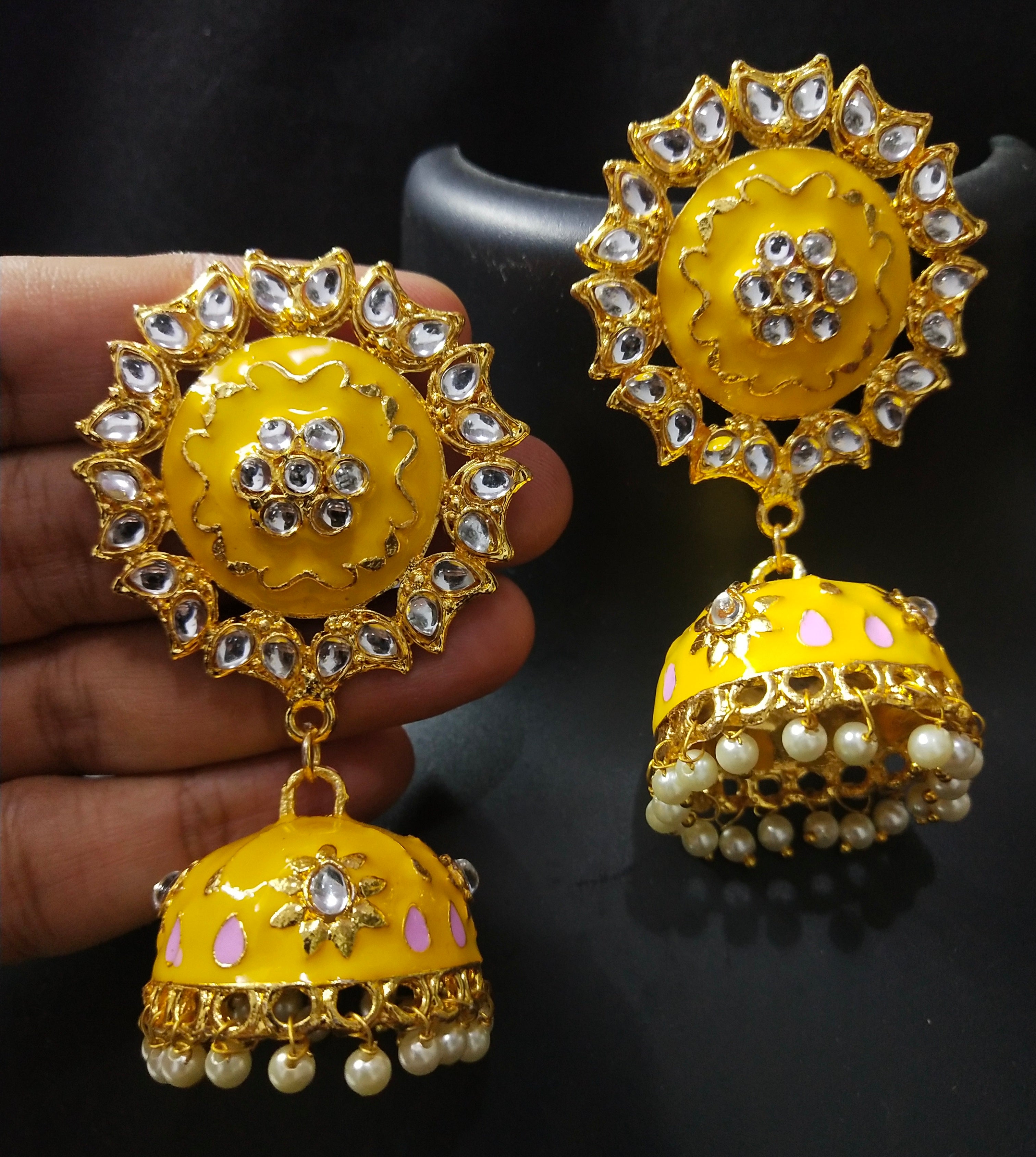 Buy Yellow Chimes Gold-Plated Yellow White Meenakari Jhumkas Online