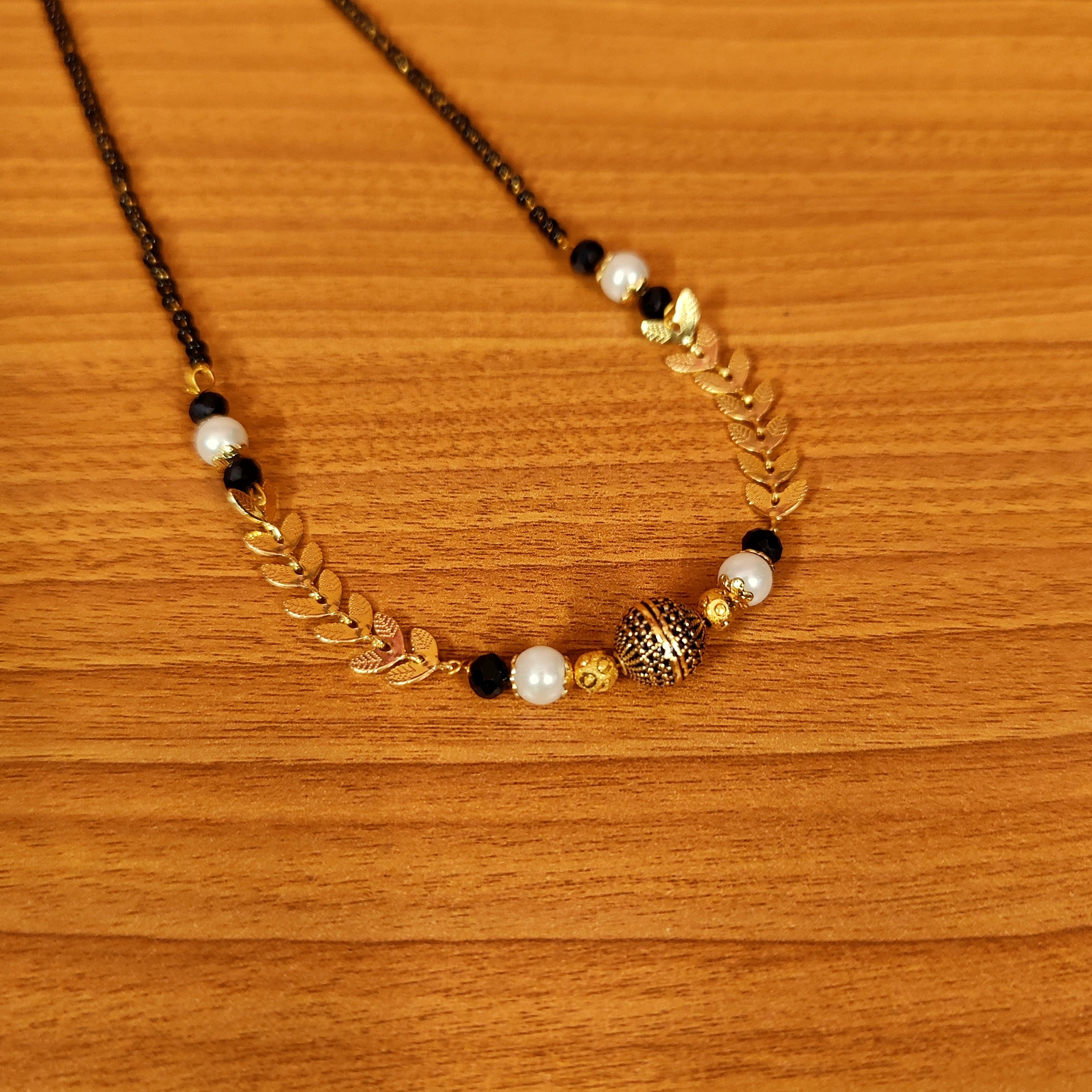 Women 's Gold Plated Antique Bead & Pearl Mangalsutra - Sanvi Jewels