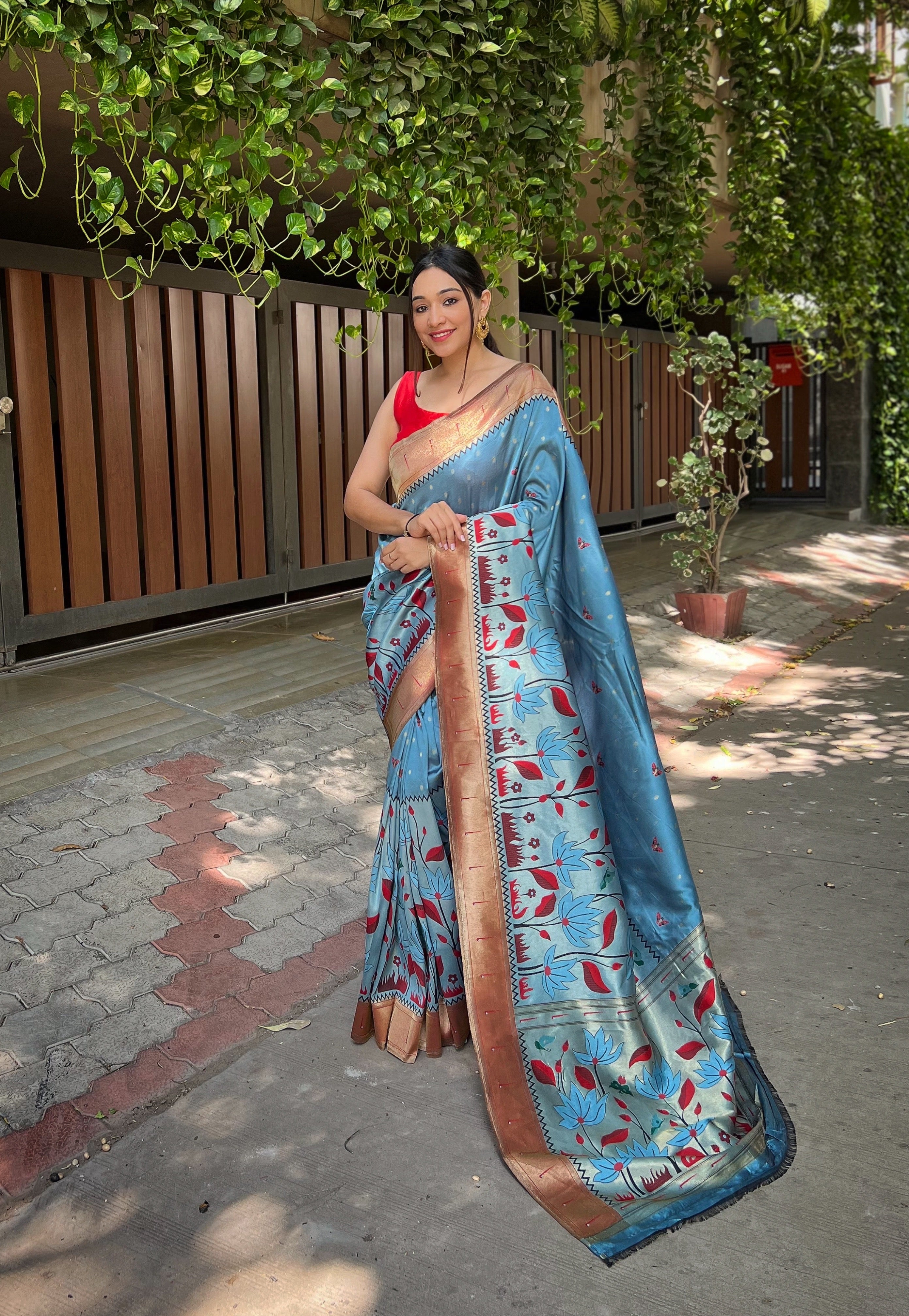 Women's Pastel Blue Titli Royal Paithani Silk Zari Woven Saree - TASARIKA