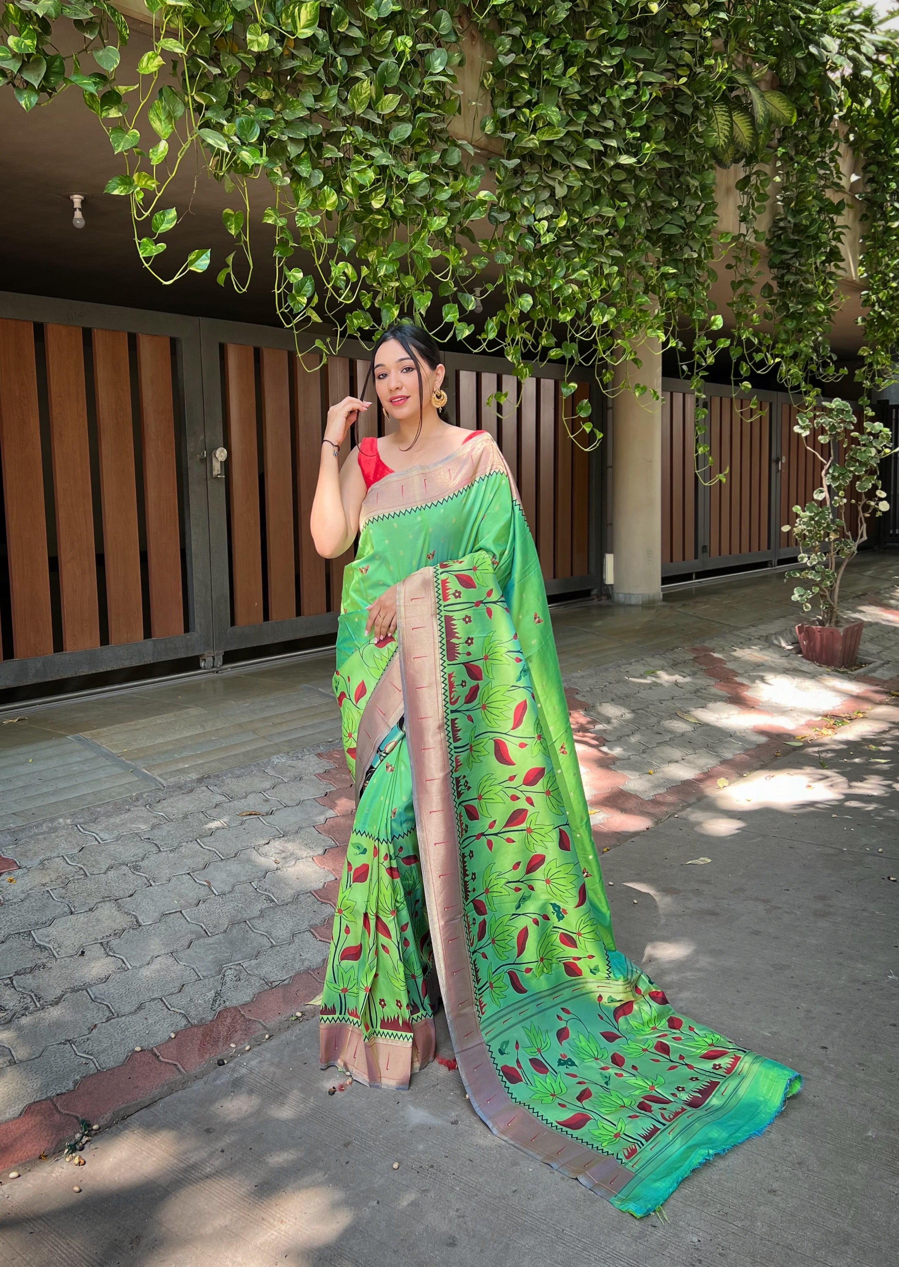 Women's Olive Green Titli Royal Paithani Silk Zari Woven Saree - TASARIKA