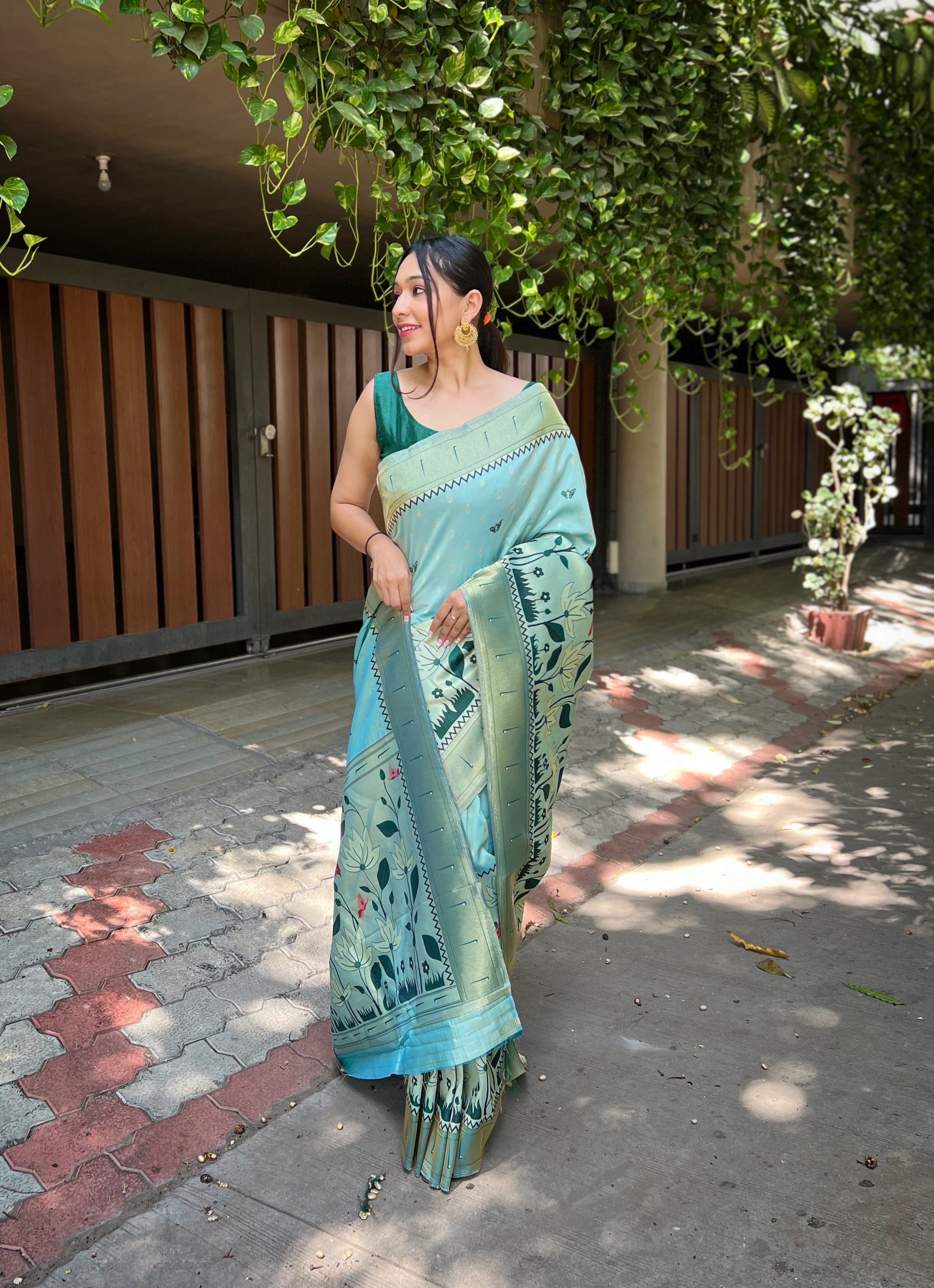 Women's Cloudy Blue Titli Royal Paithani Silk Zari Woven Saree - TASARIKA