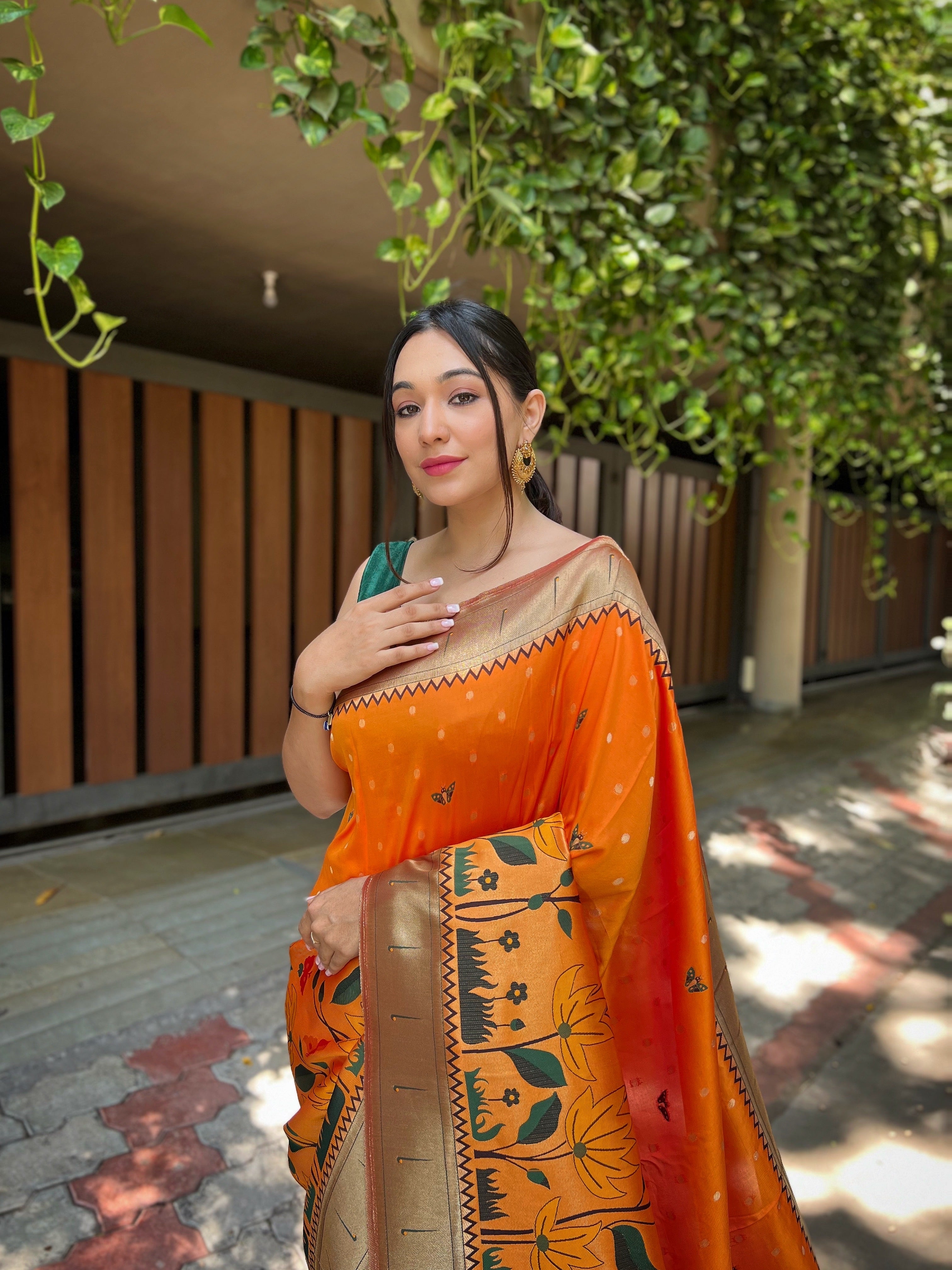 Women's Orange Titli Royal Paithani Silk Zari Woven Saree - TASARIKA