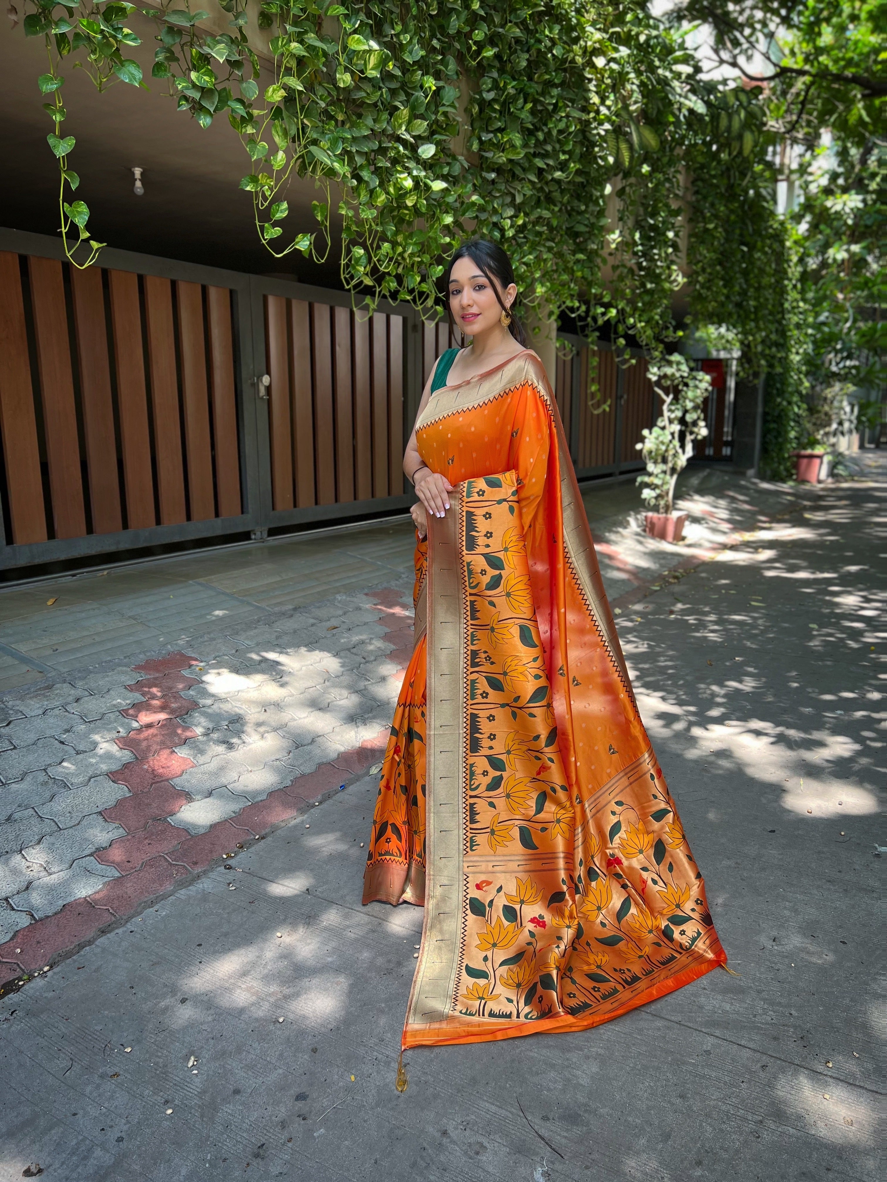 Women's Orange Titli Royal Paithani Silk Zari Woven Saree - TASARIKA