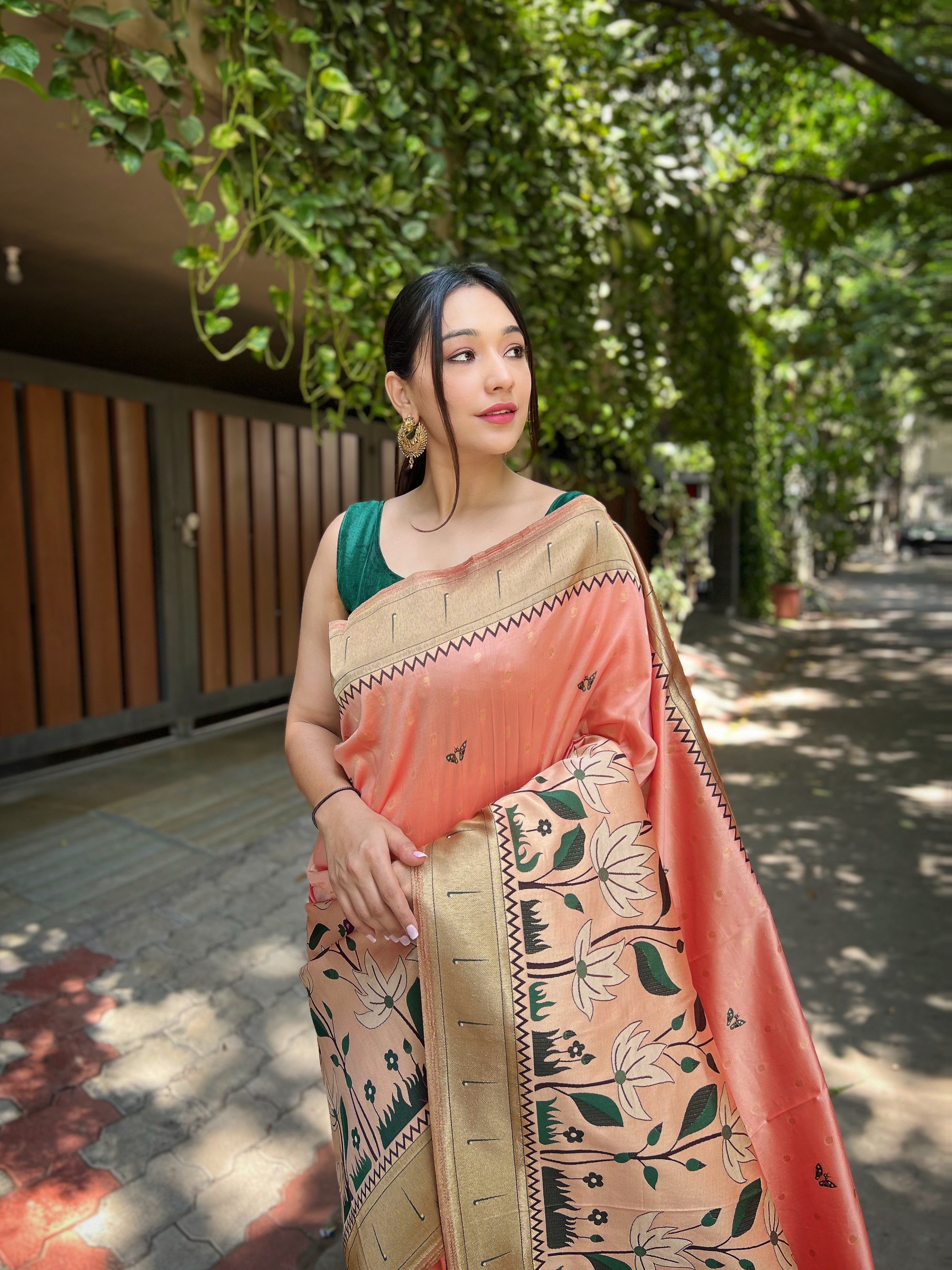 Women's Peach Titli Royal Paithani Silk Zari Woven Saree - TASARIKA