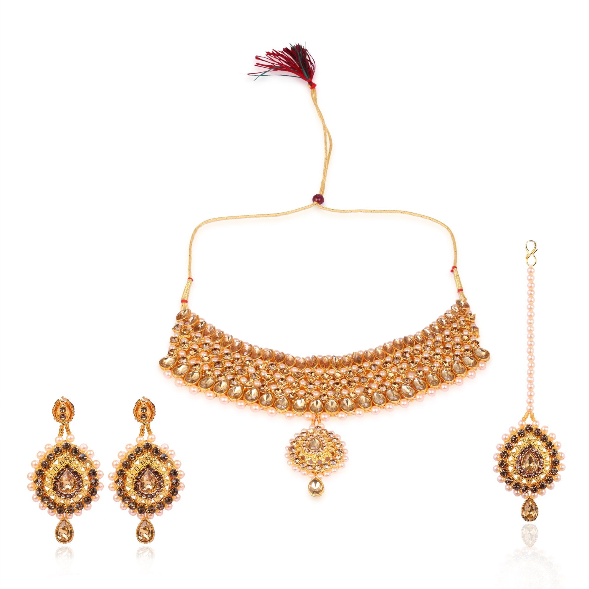 Women's Stone And Pearl Studded Nacklace With Earrings And Tika  - Tehzeeb