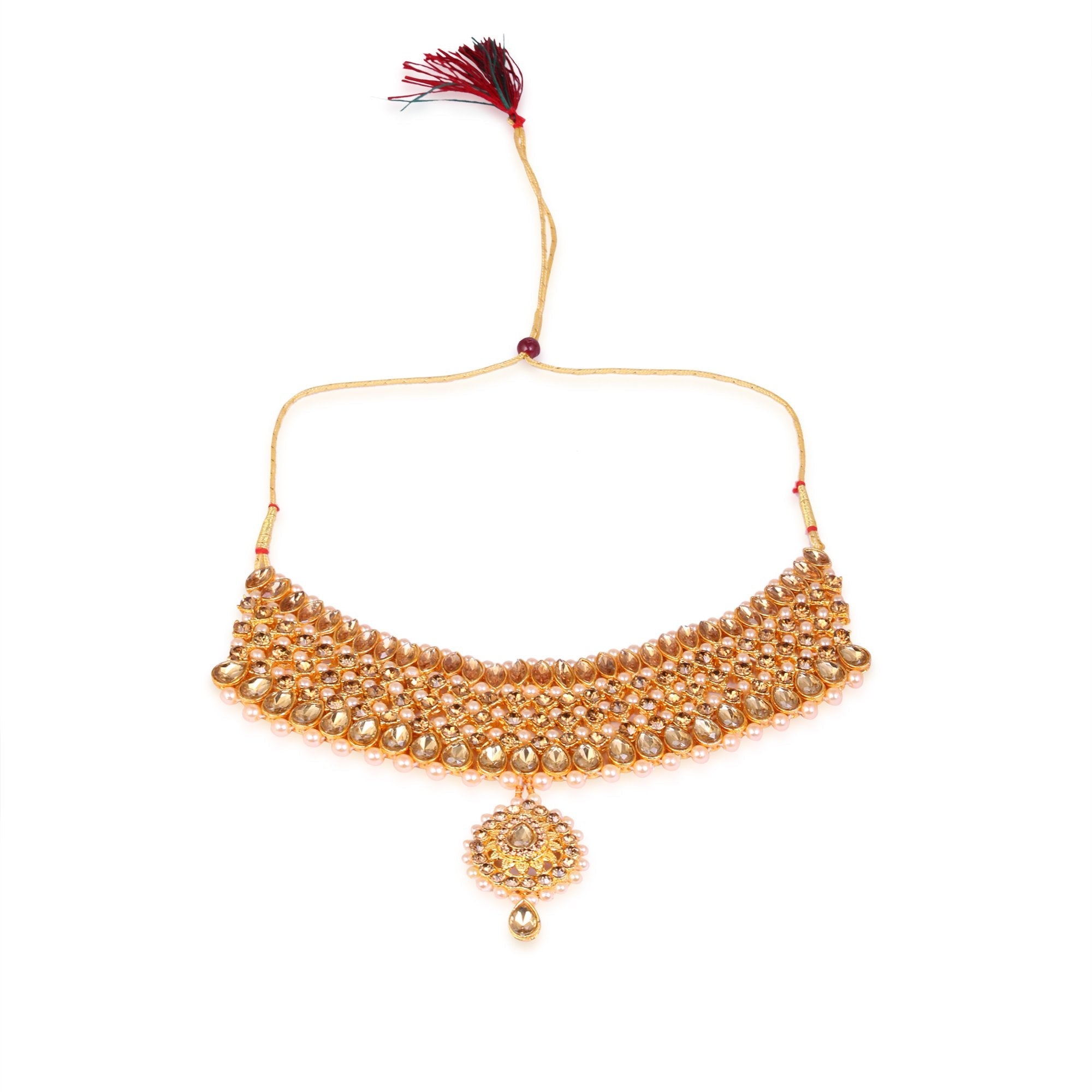 Women's Stone And Pearl Studded Nacklace With Earrings And Tika  - Tehzeeb