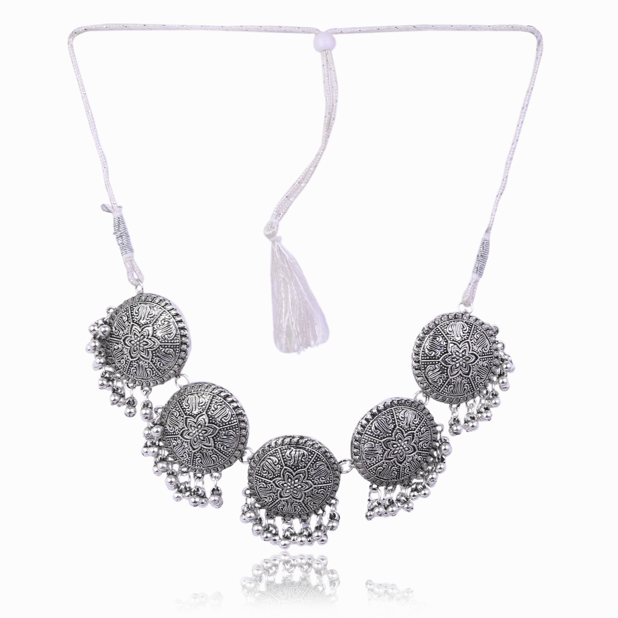 Women's German Silver Oxidized Nacklace And Earrings With  Ghungru Style   - Tehzeeb