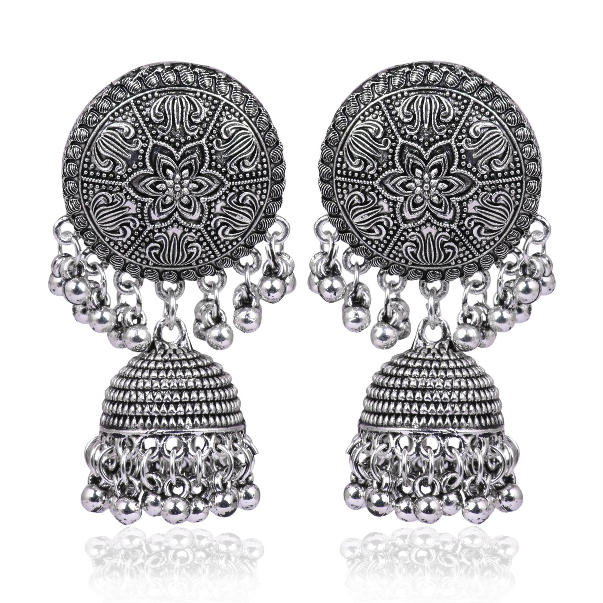 Women's German Silver Oxidized Nacklace And Earrings With  Ghungru Style   - Tehzeeb