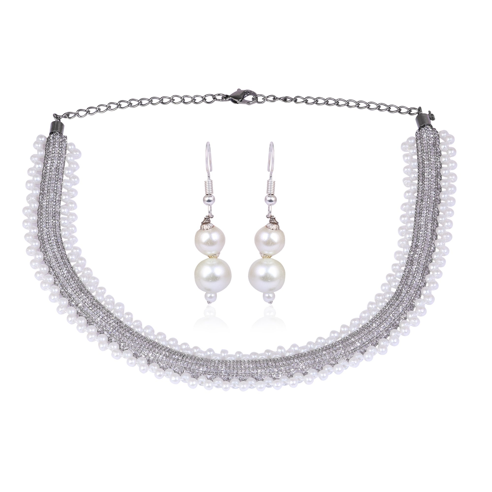 Women's Silver Colour Nackelace And Earrings With White Pearl  - Tehzeeb