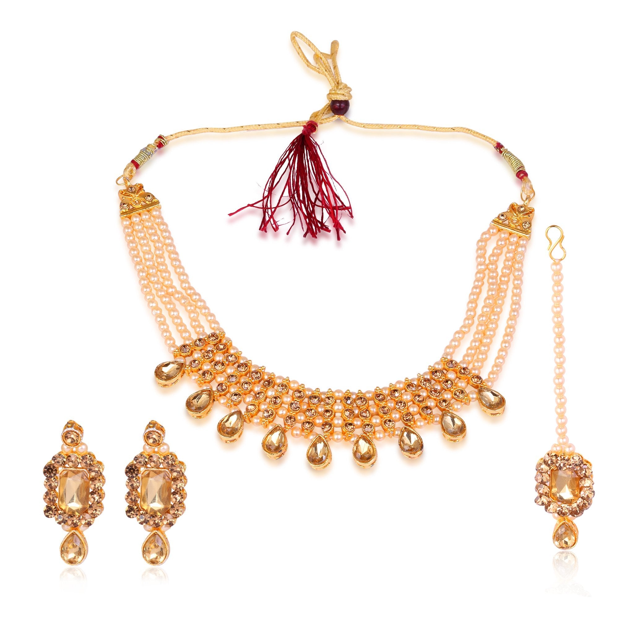 Women's Golden Plated Necklace With Stone And Pearl Studded   - Tehzeeb