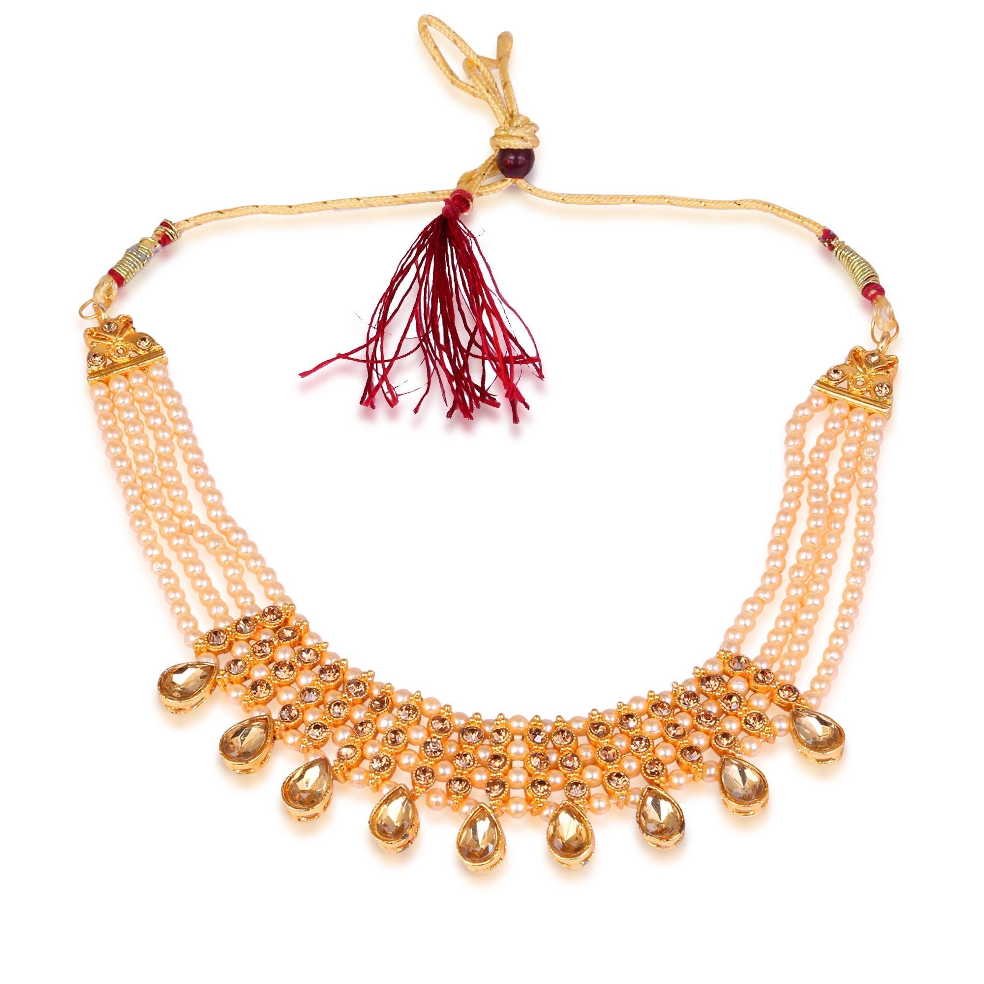 Women's Golden Plated Necklace With Stone And Pearl Studded   - Tehzeeb