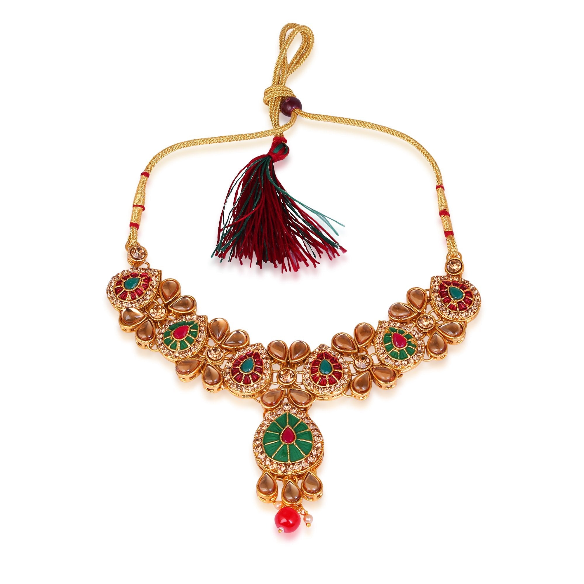 Women's Golden Plated Multi Colour Necklace With Earring And Tika  - Tehzeeb