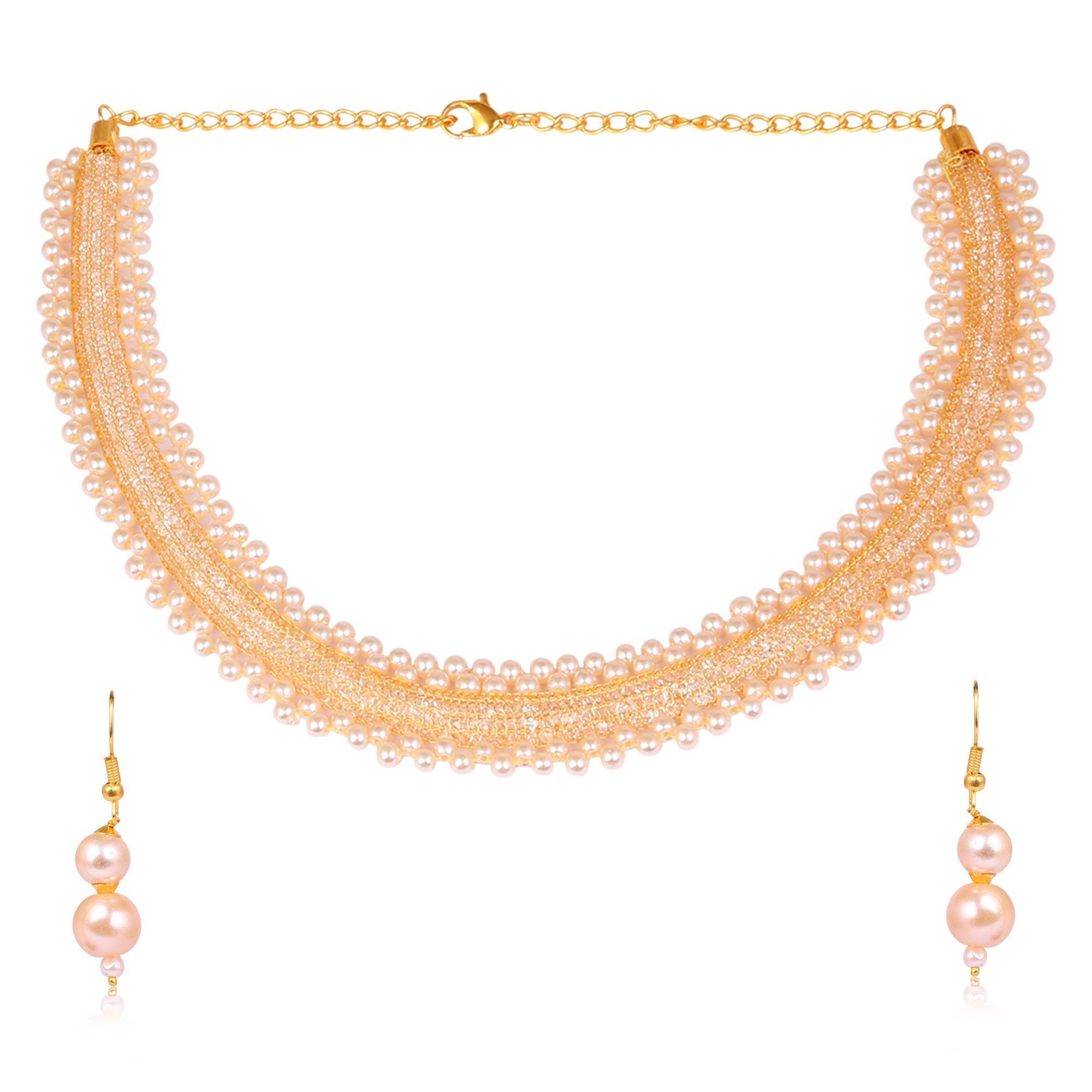Women's Golden Plated Necklace And Earrings  With Pearl - Tehzeeb