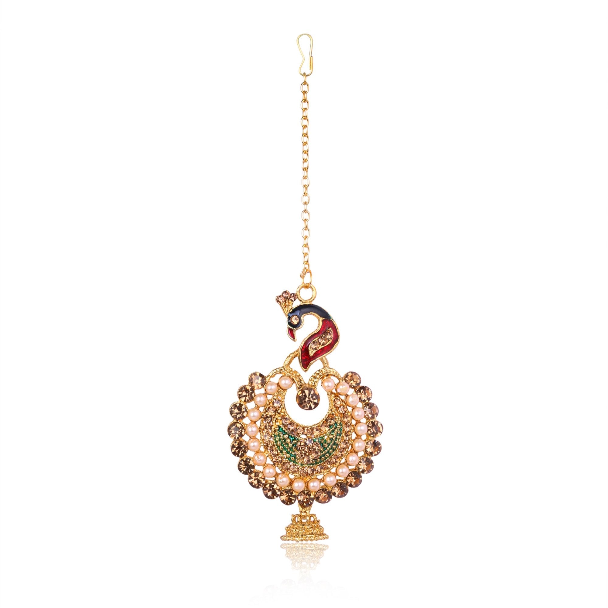 Women's Peacock Design Multi Colour Chain Pendent And Earrings With Stone And Pearl Studded - Tehzeeb