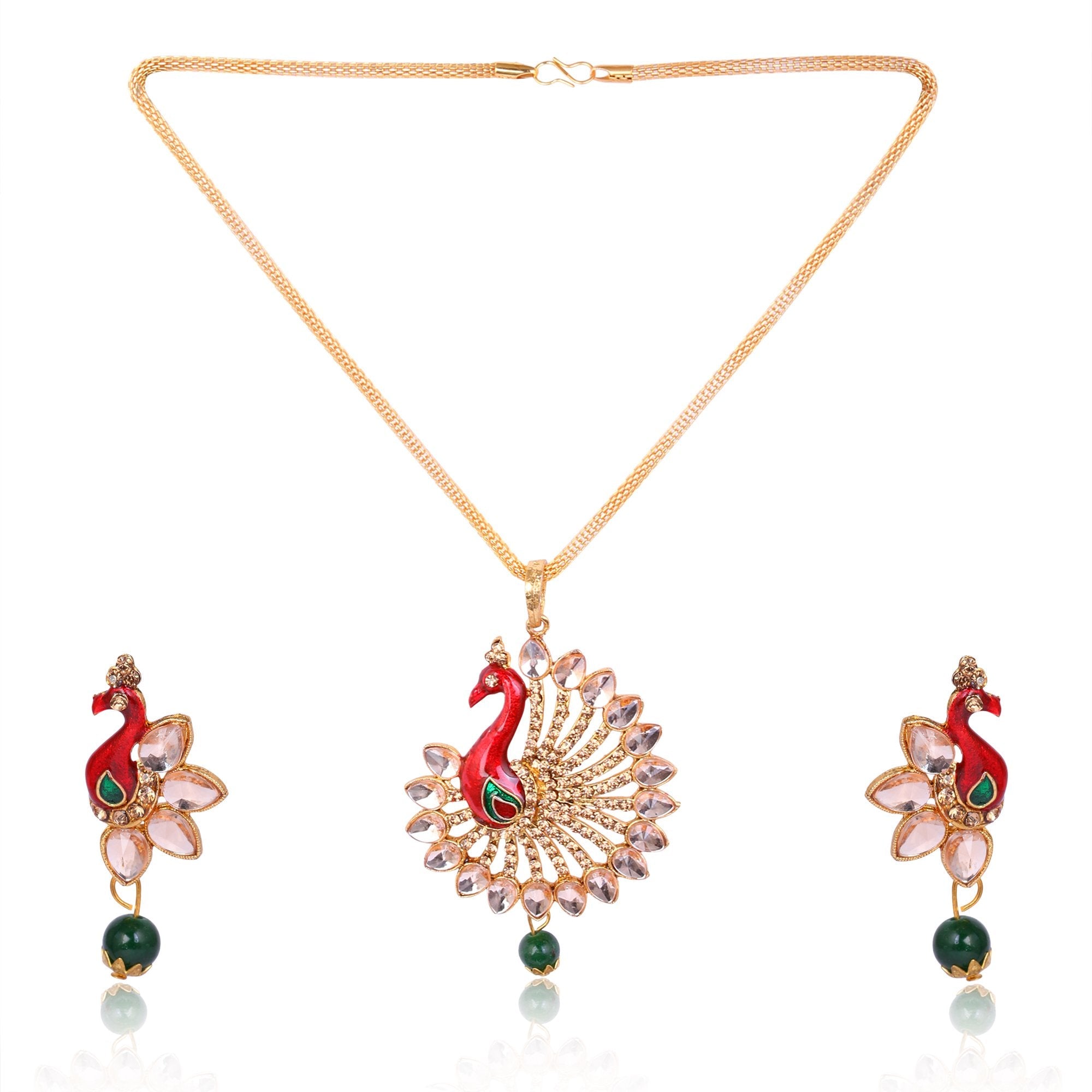 Women's Peacock Design Multi Colour Chain Pendent And Earrings   - Tehzeeb