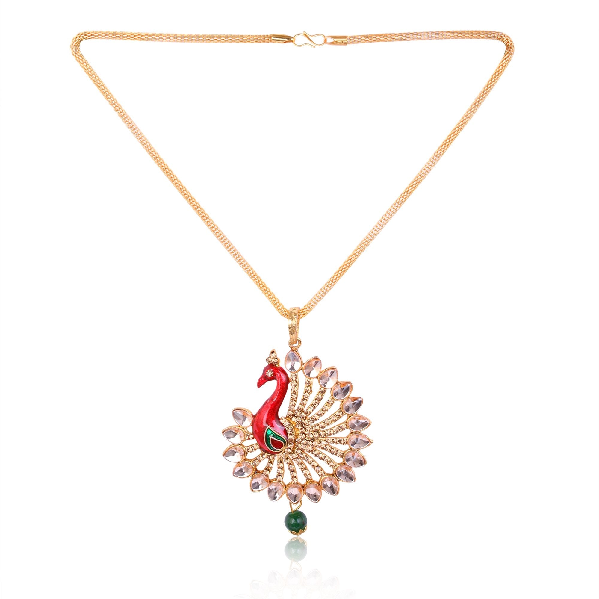 Women's Peacock Design Multi Colour Chain Pendent And Earrings   - Tehzeeb