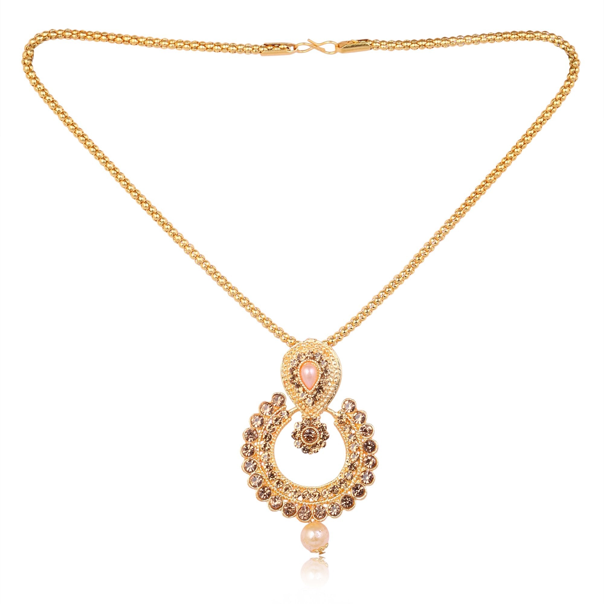 Women's Stone Studded Chain Pendent And Earrings With Pearl  - Tehzeeb